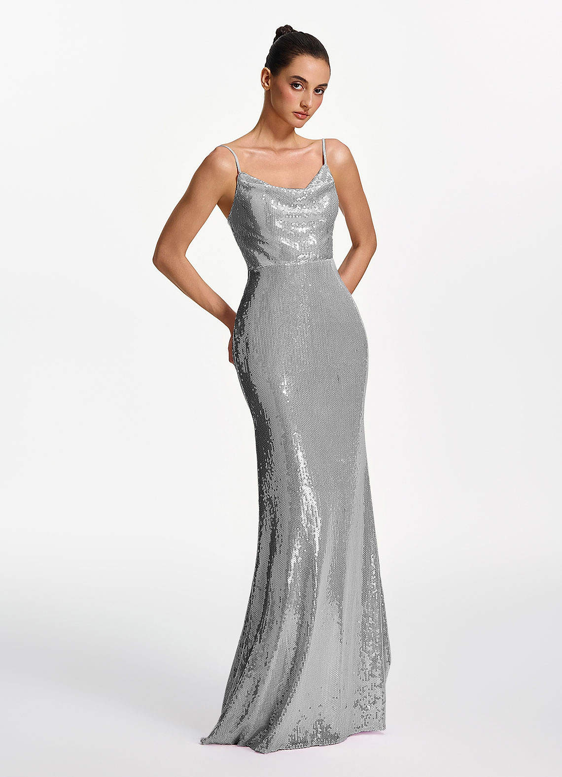 Elodie Mermaid Spaghetti-Strap Sequined Tulle Prom Dress in Gray