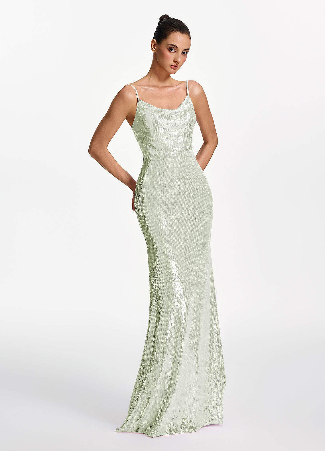 Elodie Mermaid Spaghetti-Strap Sequined Tulle Prom Dress in Light green