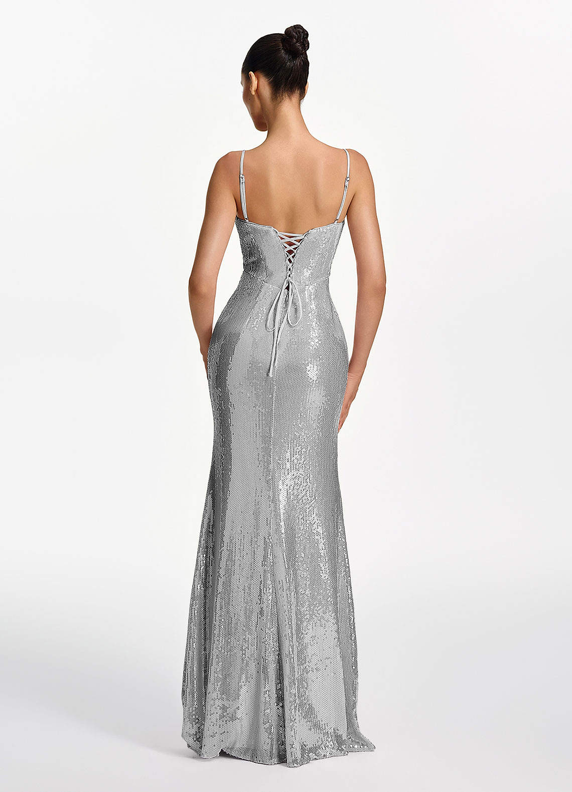 Elodie Mermaid Spaghetti-Strap Sequined Tulle Prom Dress in Silver