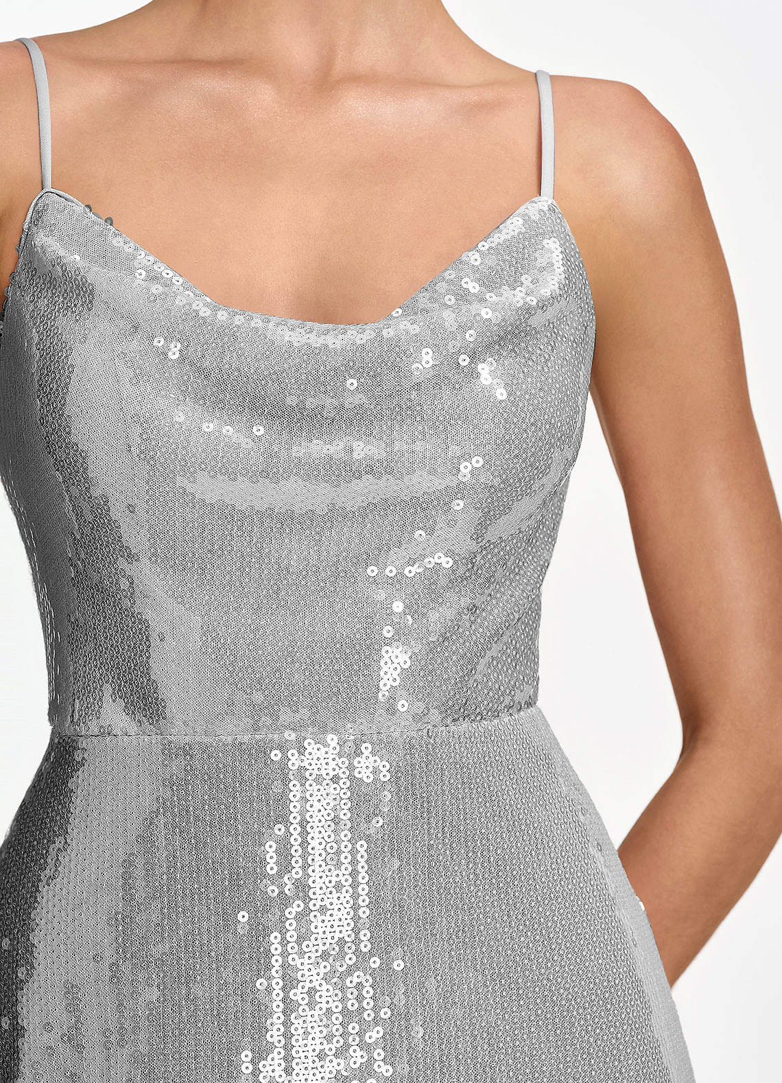 Elodie Mermaid Spaghetti-Strap Sequined Tulle Prom Dress in Silver