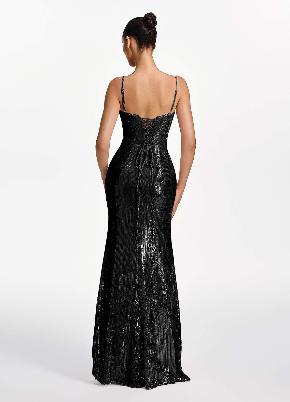 Elodie Mermaid Spaghetti-Strap Sequined Tulle Prom Dress in black