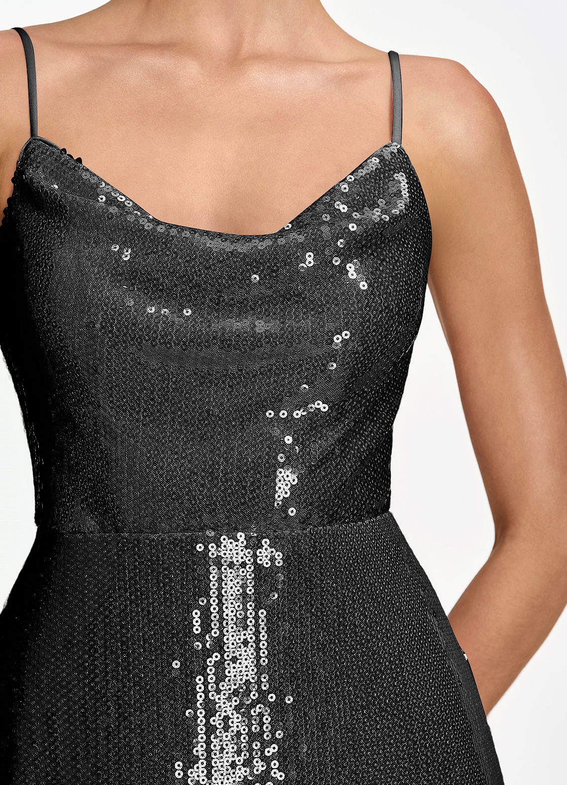 Elodie Mermaid Spaghetti-Strap Sequined Tulle Prom Dress in black