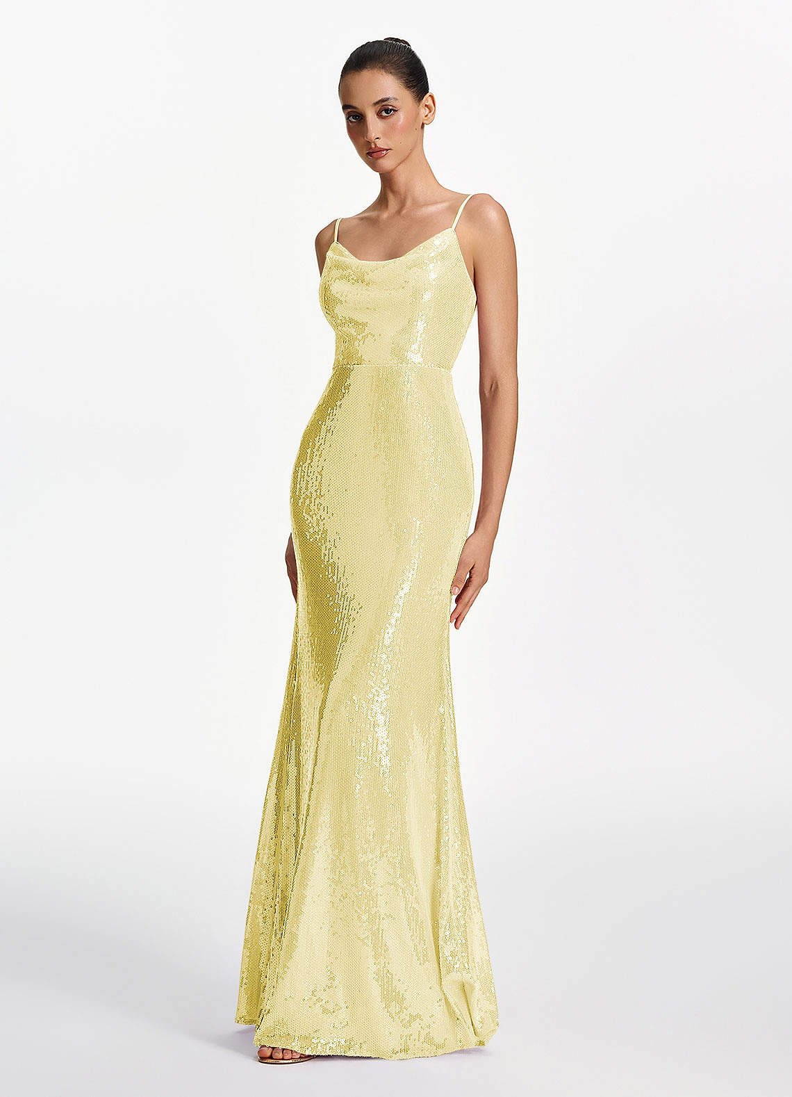 Elodie Mermaid Spaghetti-Strap Sequined Tulle Prom Dress in Lemon Sorbet