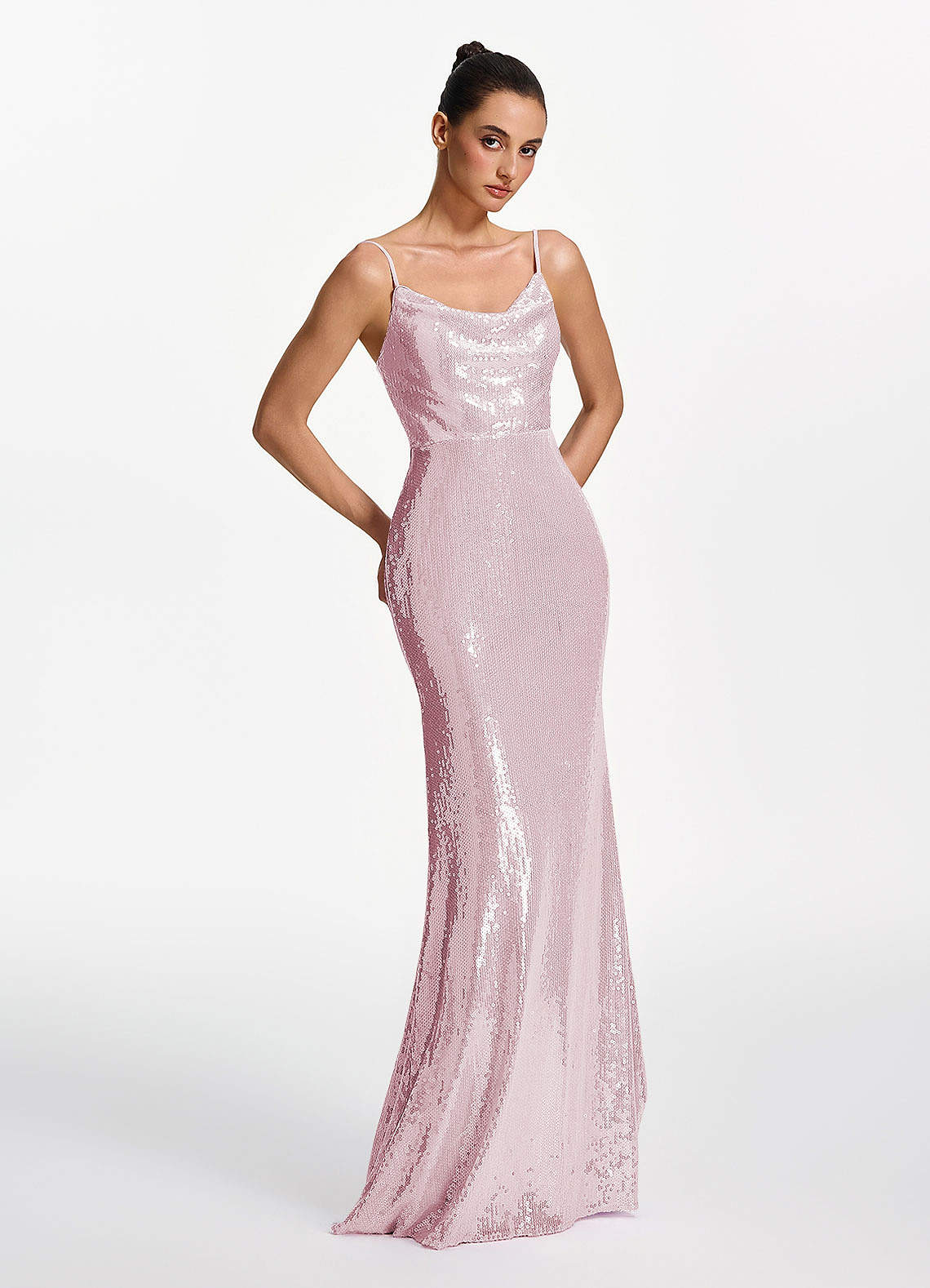 Elodie Mermaid Spaghetti-Strap Sequined Tulle Prom Dress in Dusty Pink