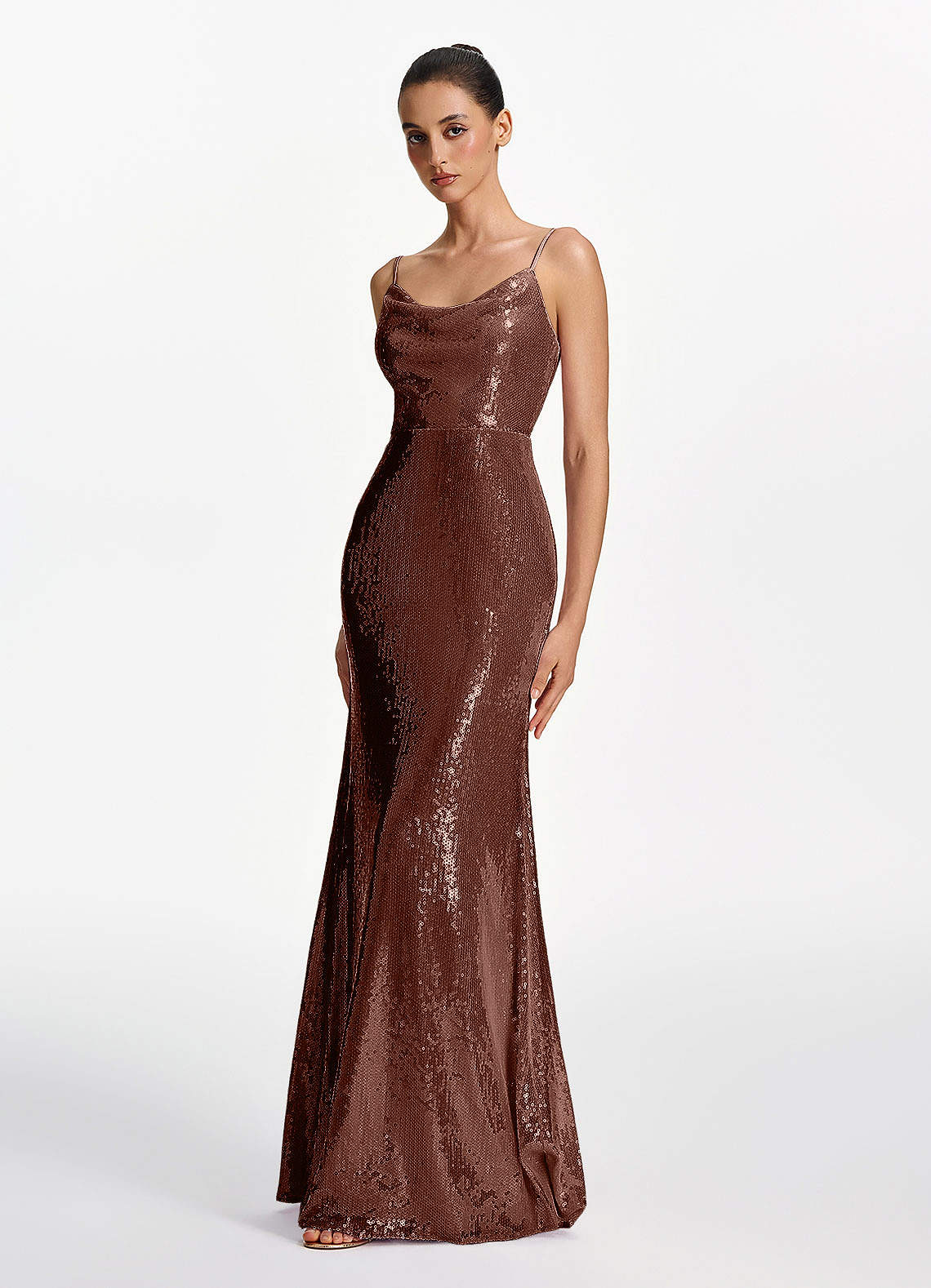 Elodie Mermaid Spaghetti-Strap Sequined Tulle Prom Dress in Coco