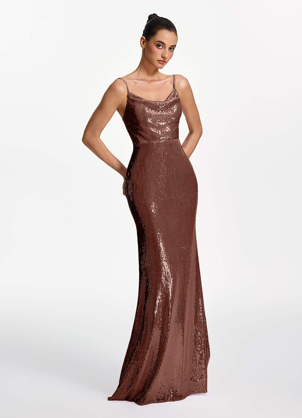 Elodie Mermaid Spaghetti-Strap Sequined Tulle Prom Dress in Coco
