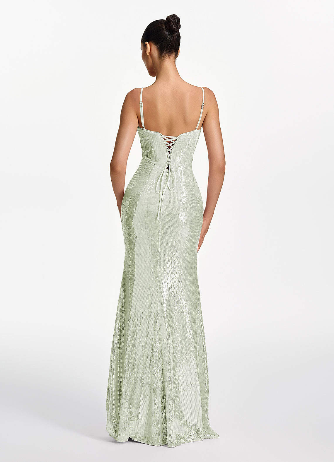Elodie Mermaid Spaghetti-Strap Sequined Tulle Prom Dress in Light green