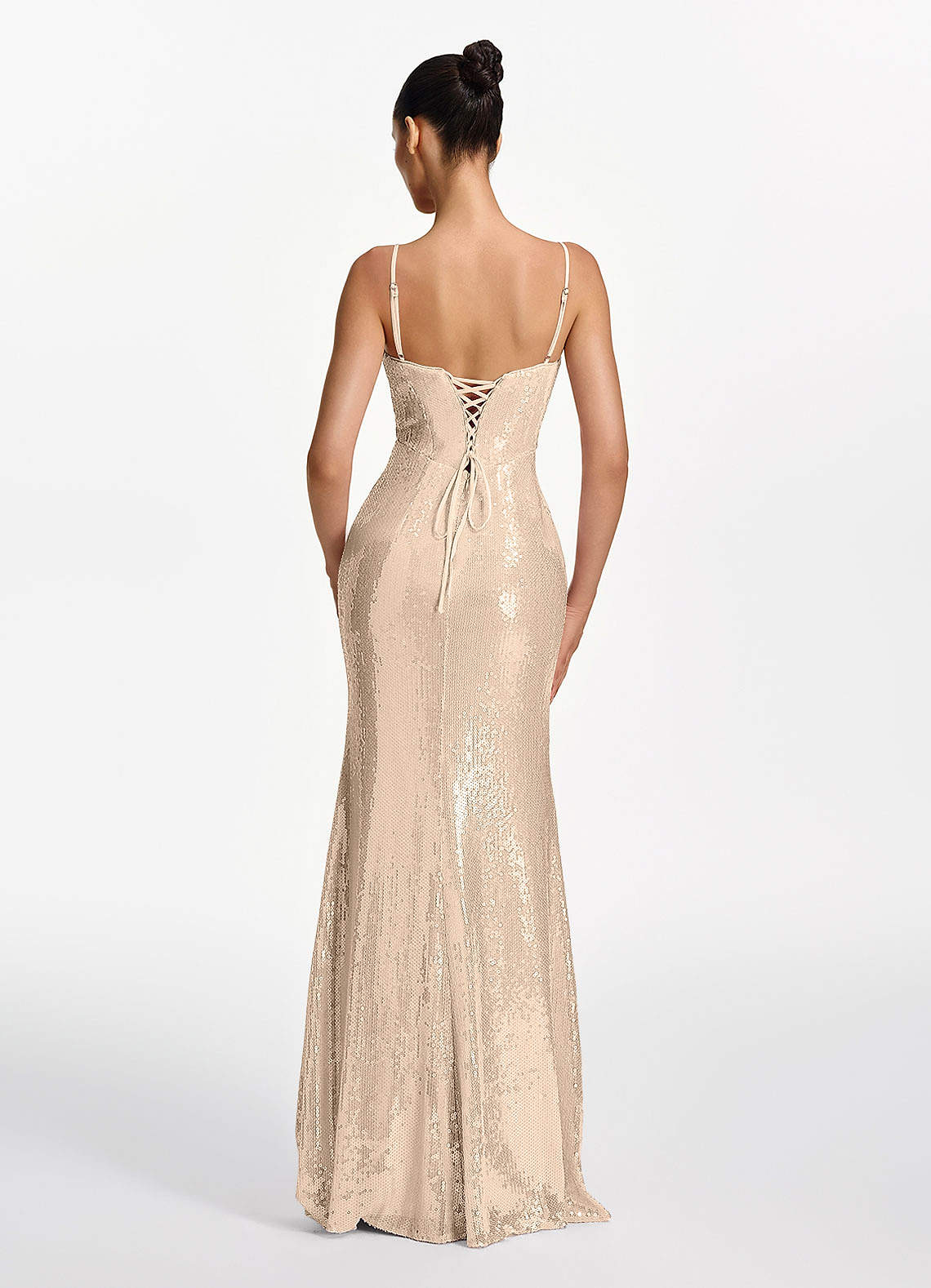 Elodie Mermaid Spaghetti-Strap Sequined Tulle Prom Dress in Champagne