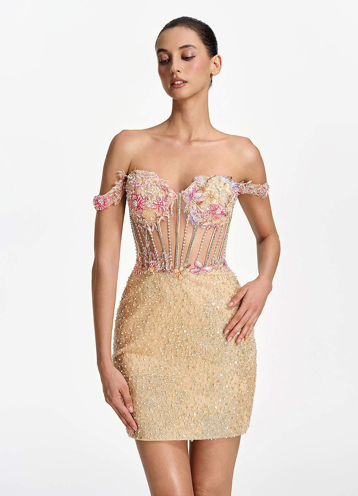 Elowenora Bodycon Mini Off-the-Shoulder Sequin Tulle Prom Dress in champagne