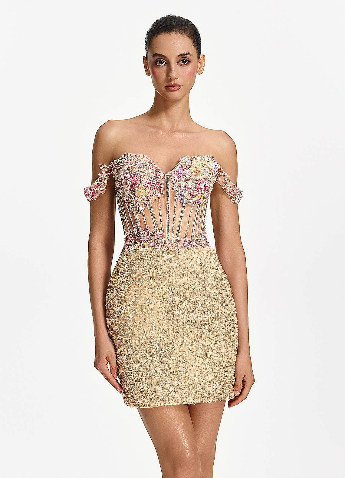 Elowenora Bodycon Mini Off-the-Shoulder Sequin Tulle Prom Dress in champagne