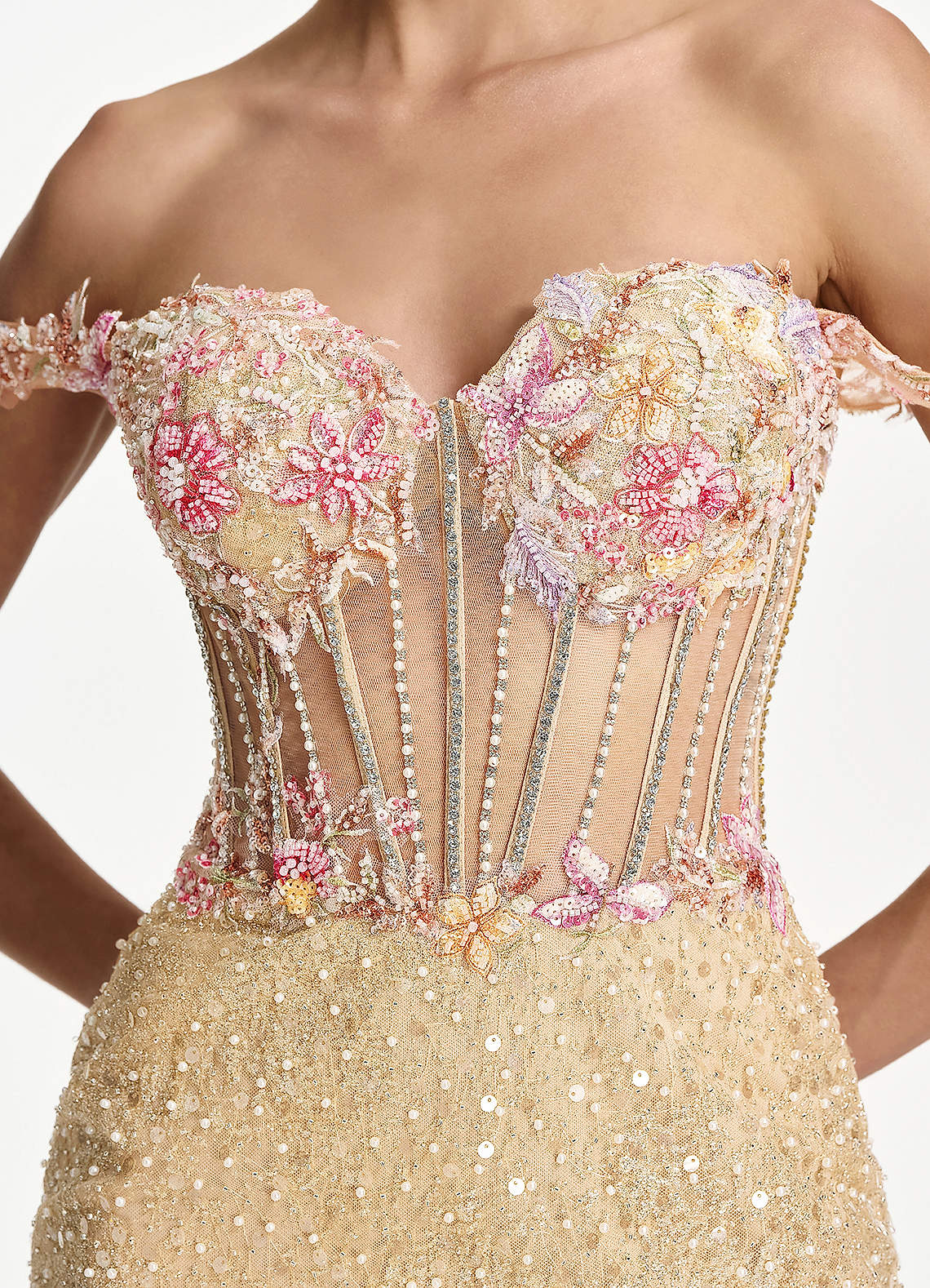 Elowenora Bodycon Mini Off-the-Shoulder Sequin Tulle Prom Dress in champagne