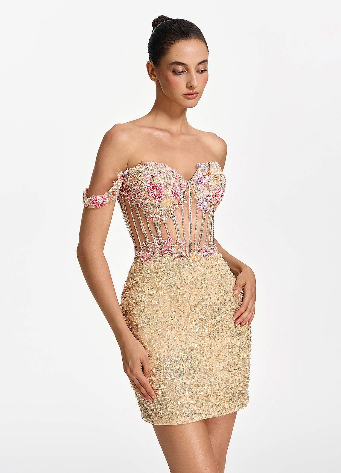 Elowenora Bodycon Mini Off-the-Shoulder Sequin Tulle Prom Dress in champagne
