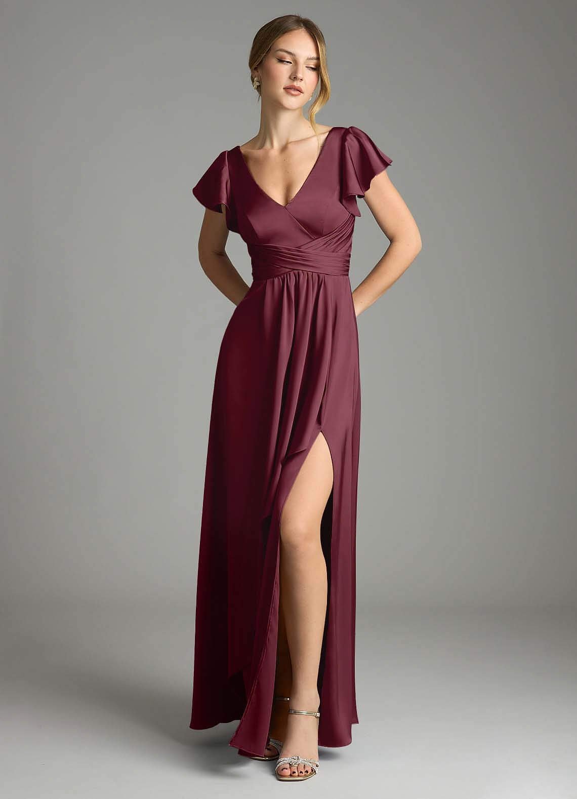 Omari A-Line V-Neck Stretch Satin Bridesmaid Dress in Cabernet