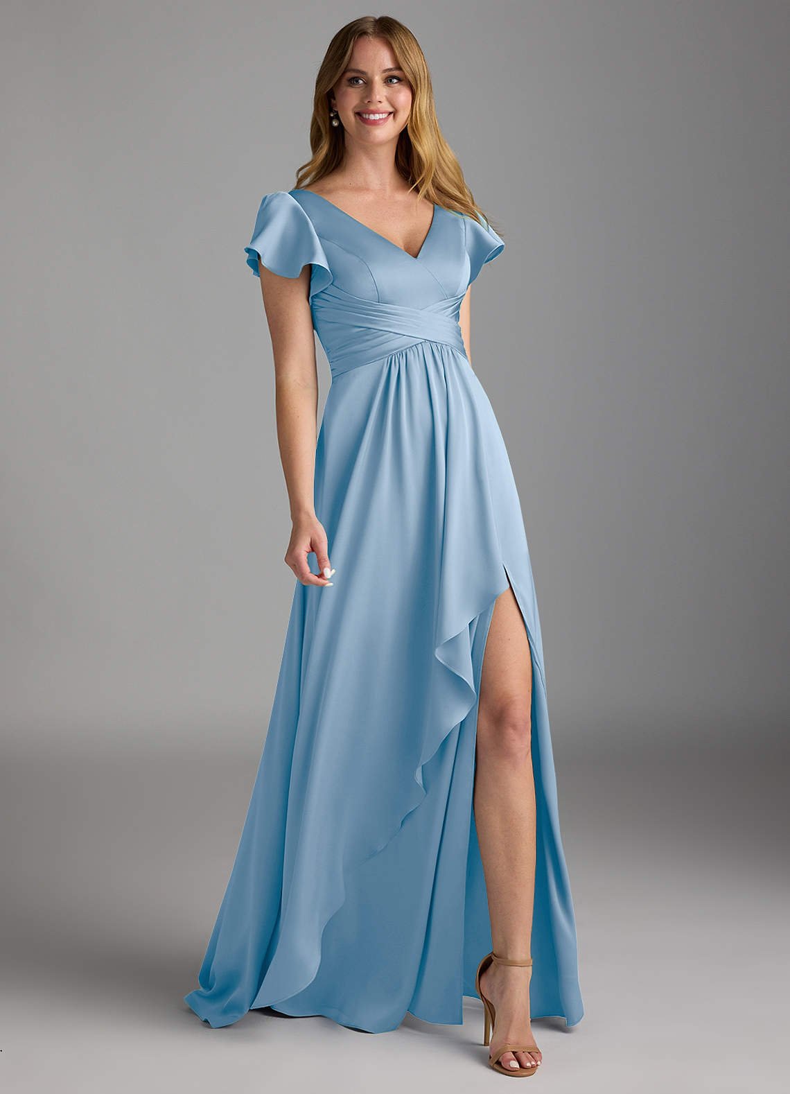 Omari A-Line V-Neck Stretch Satin Bridesmaid Dress in Powder Blue