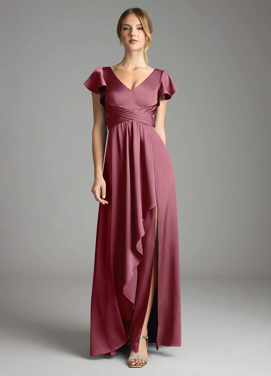 Omari A-Line V-Neck Stretch Satin Bridesmaid Dress in Desert Rose