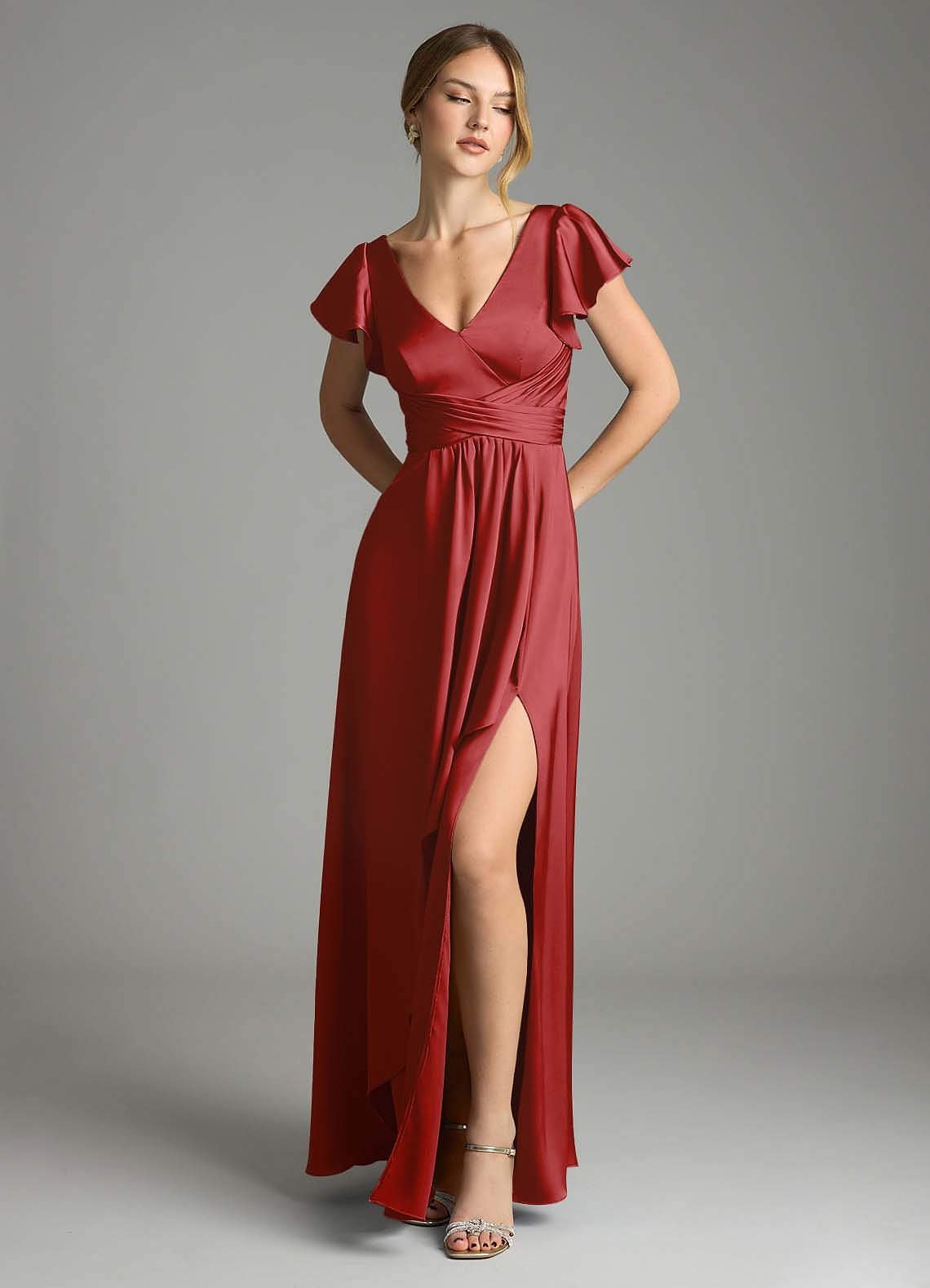 Omari A-Line V-Neck Stretch Satin Bridesmaid Dress in Pomegranate