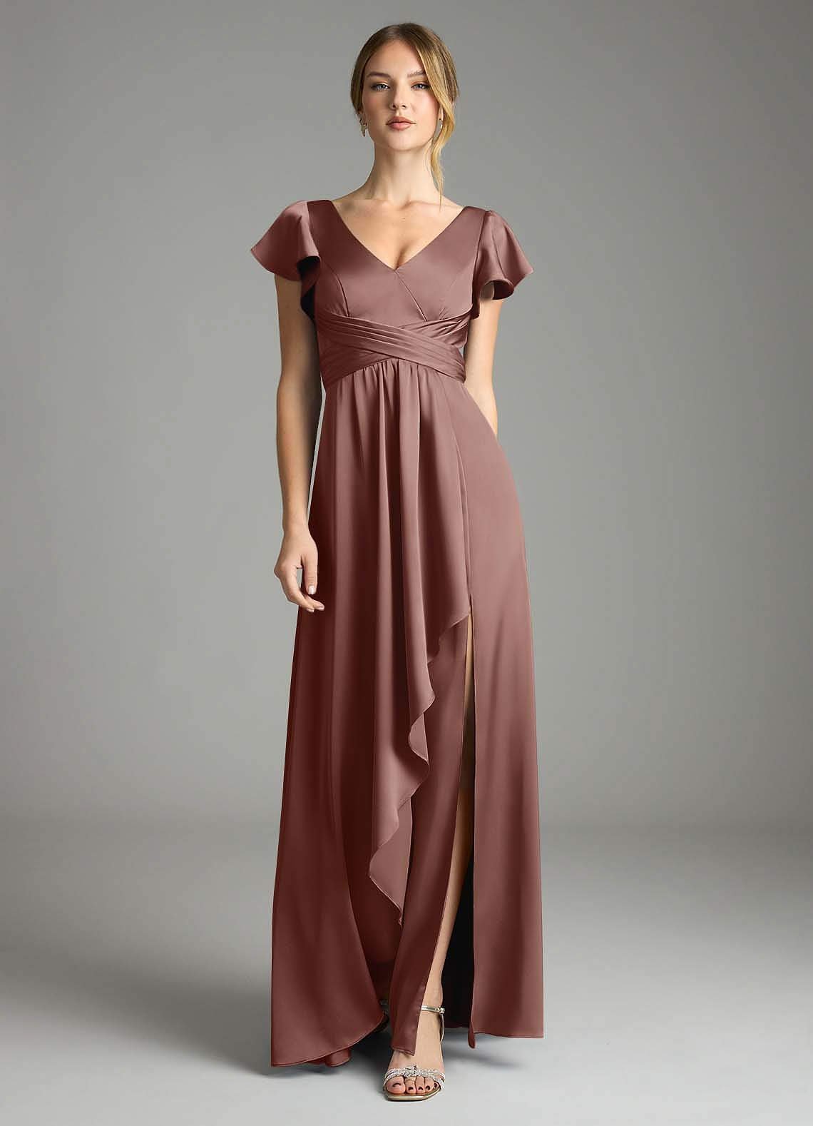 Omari A-Line V-Neck Stretch Satin Bridesmaid Dress in Espresso