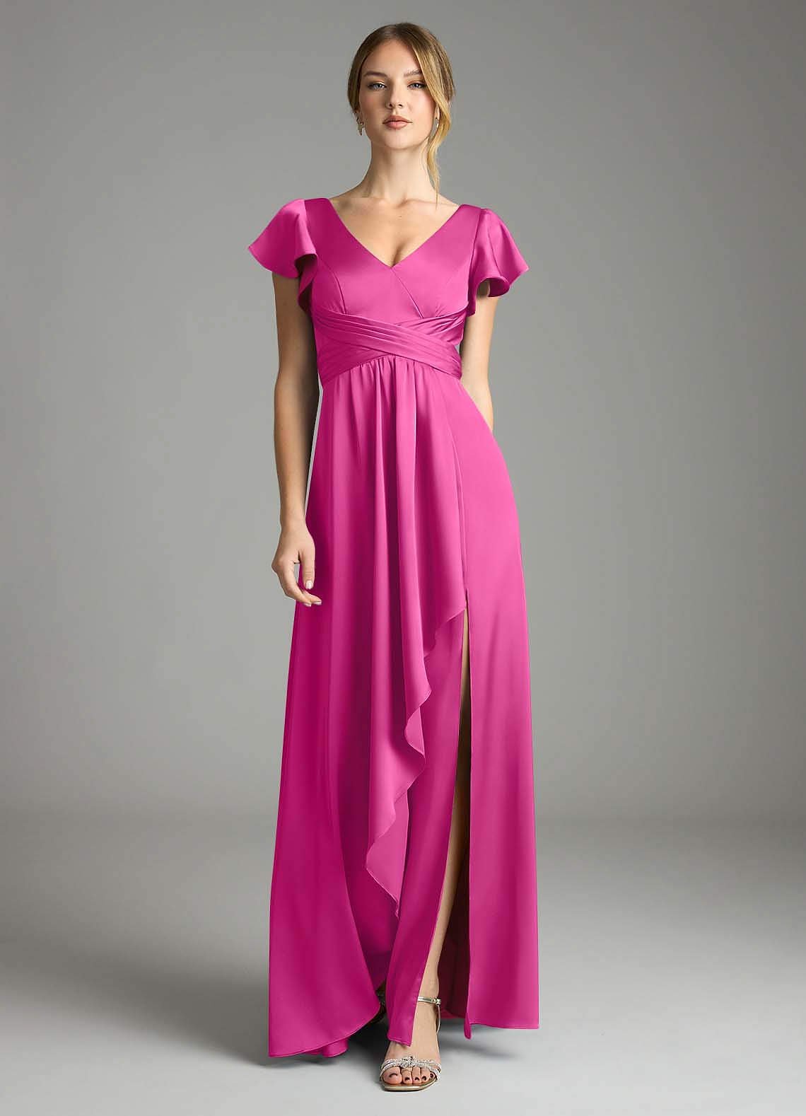 Omari A-Line V-Neck Stretch Satin Bridesmaid Dress in Fuchsia