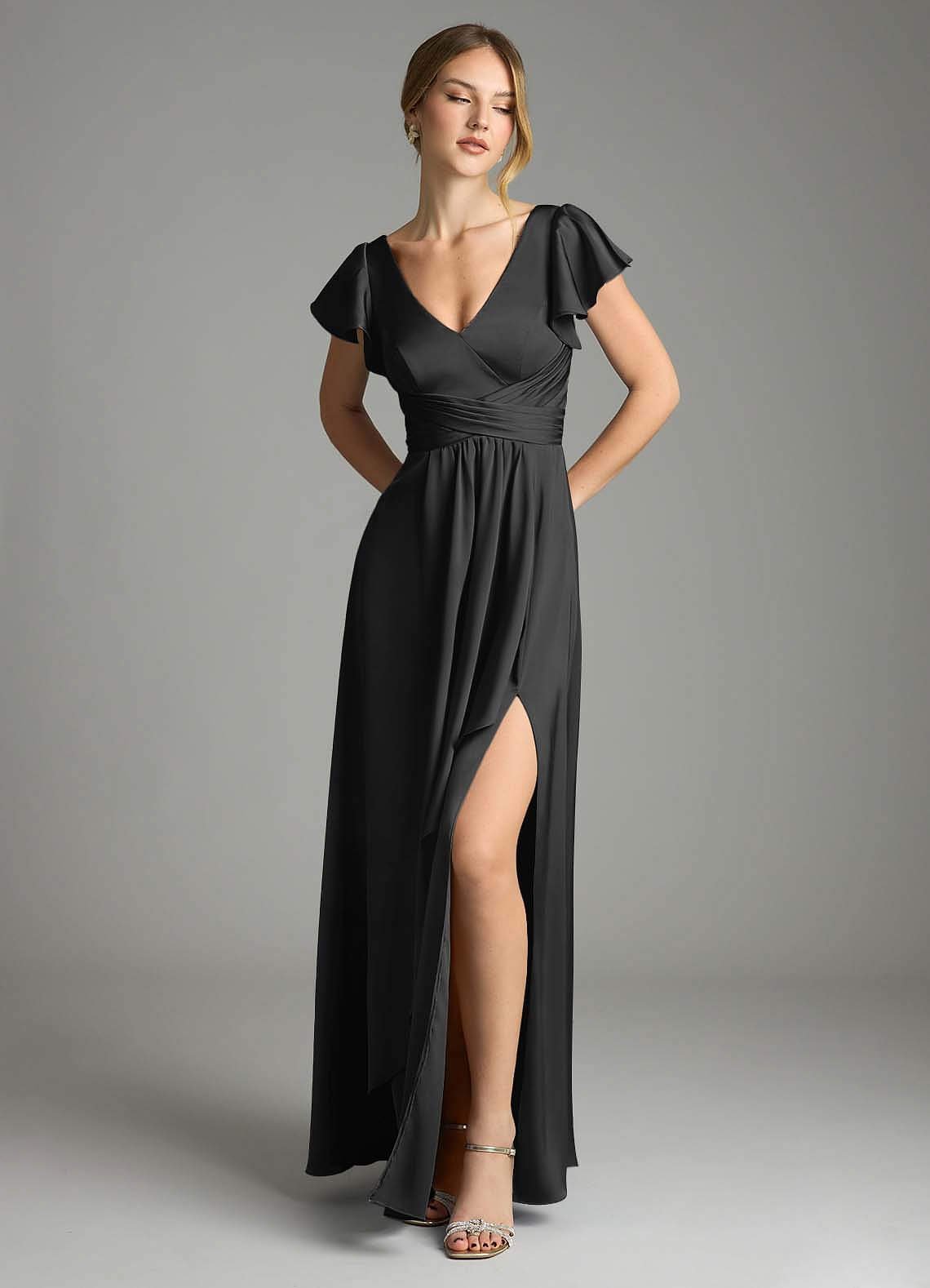 Omari A-Line V-Neck Stretch Satin Bridesmaid Dress in black