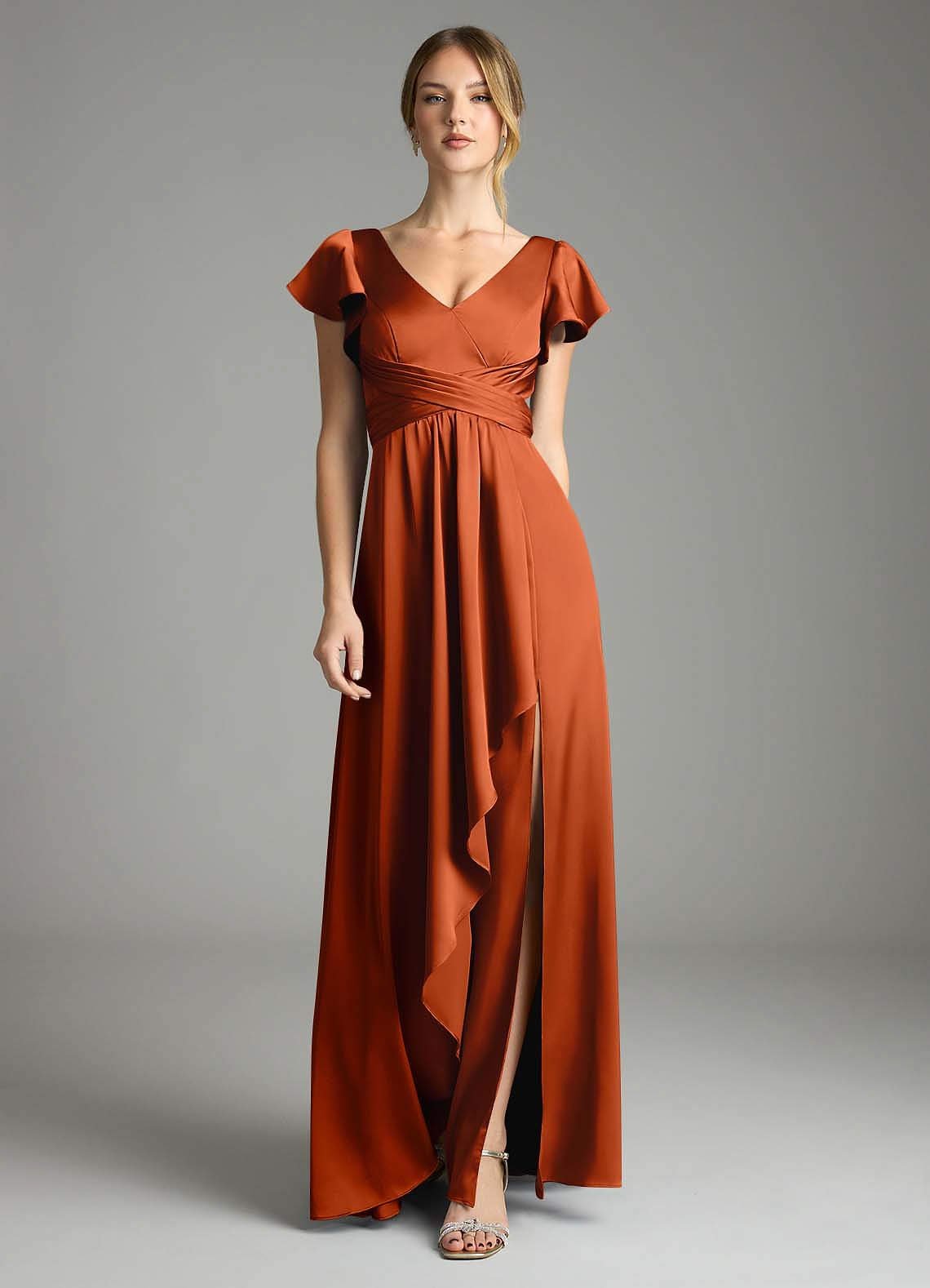 Omari A-Line V-Neck Stretch Satin Bridesmaid Dress in Paprika