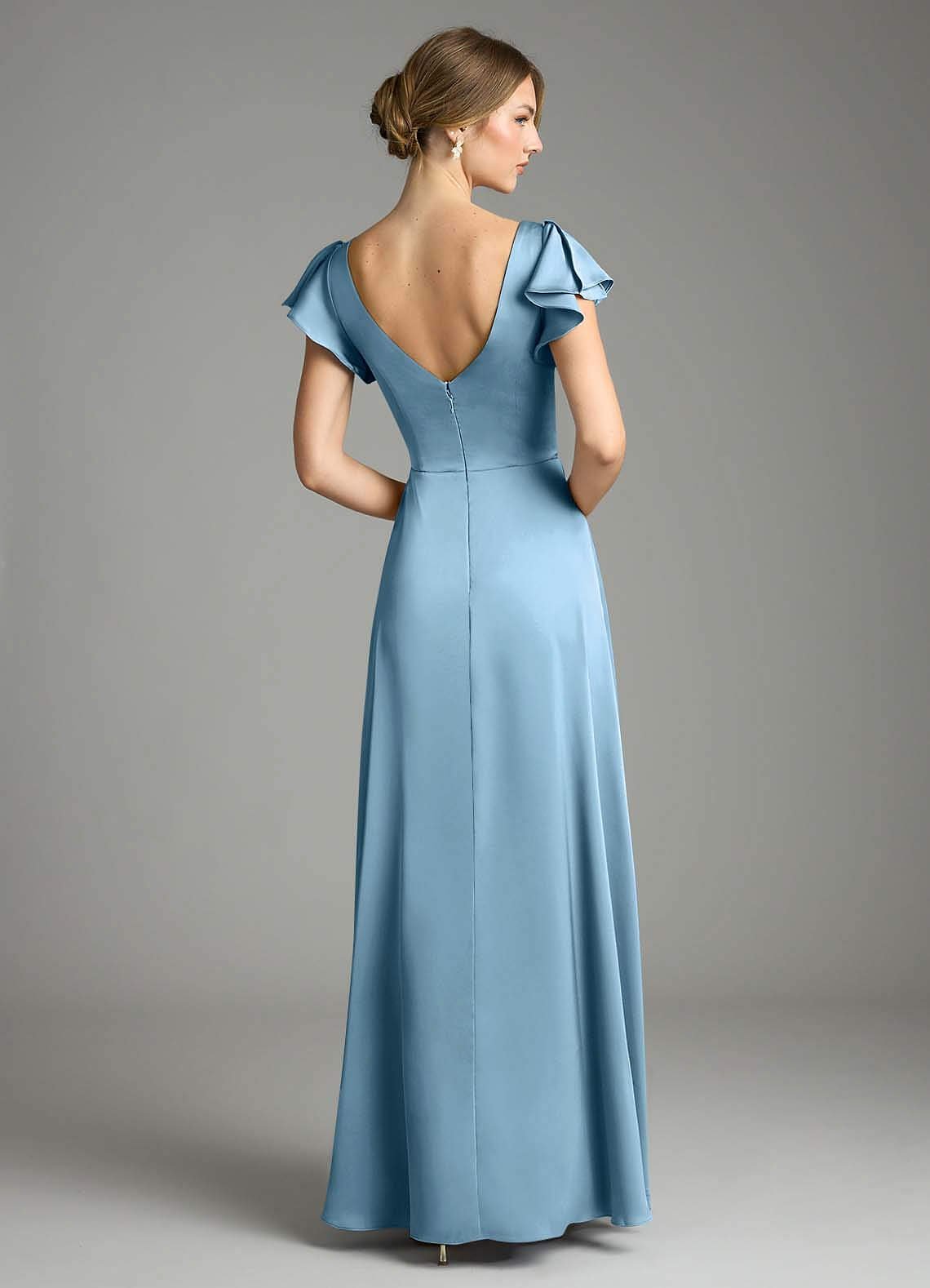 Omari A-Line V-Neck Stretch Satin Bridesmaid Dress in Steel Blue