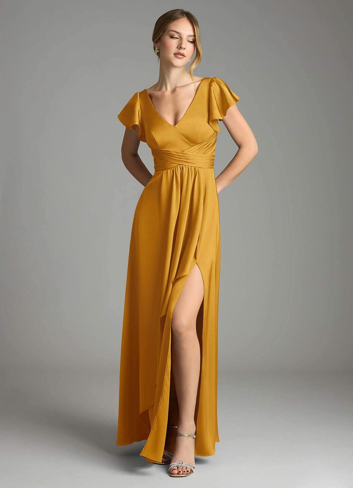 Omari A-Line V-Neck Stretch Satin Bridesmaid Dress in butterscotch