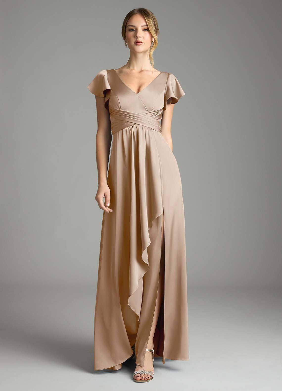 Omari A-Line V-Neck Stretch Satin Bridesmaid Dress in Taupe
