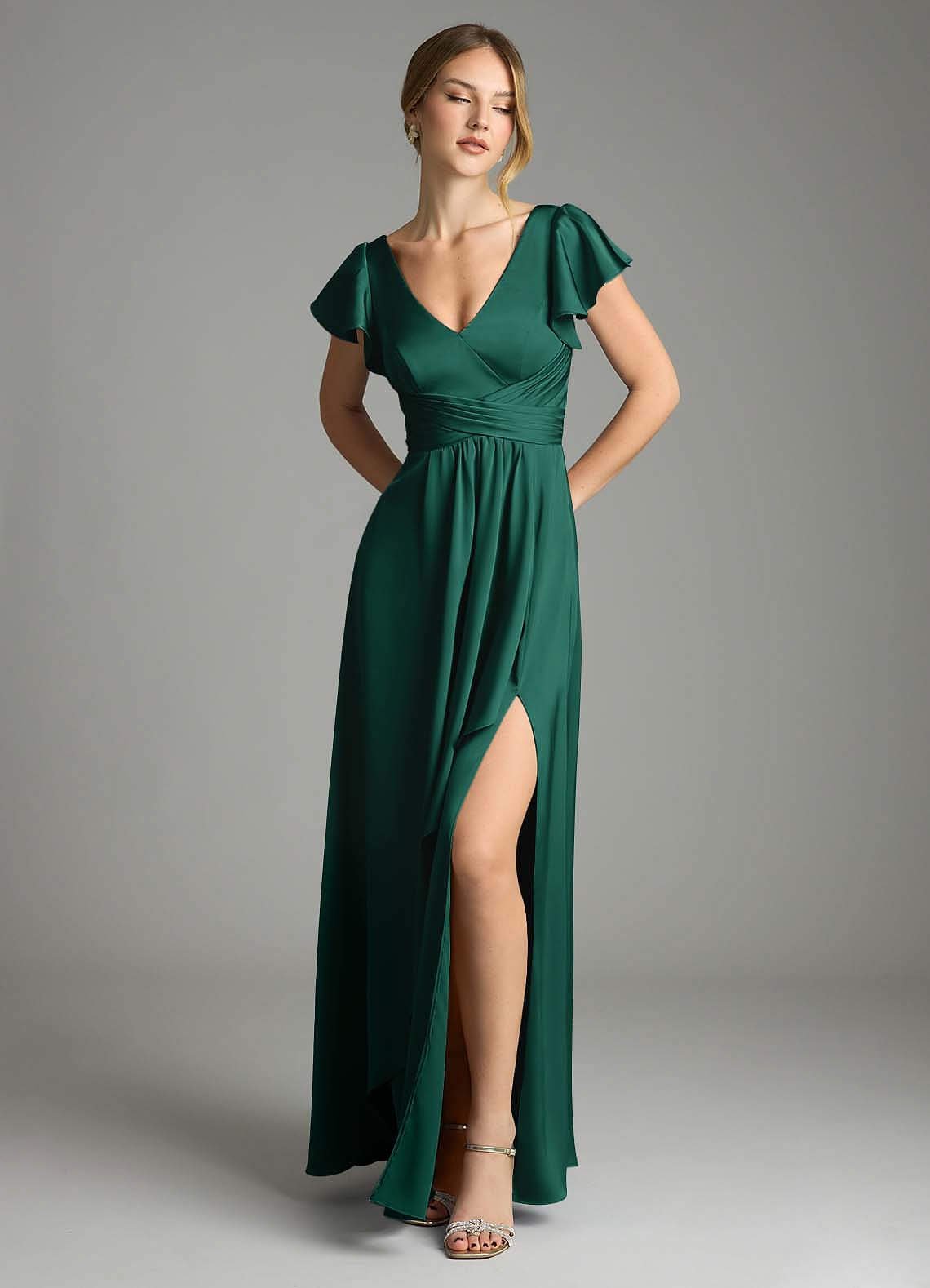 Omari A-Line V-Neck Stretch Satin Bridesmaid Dress in Emerald