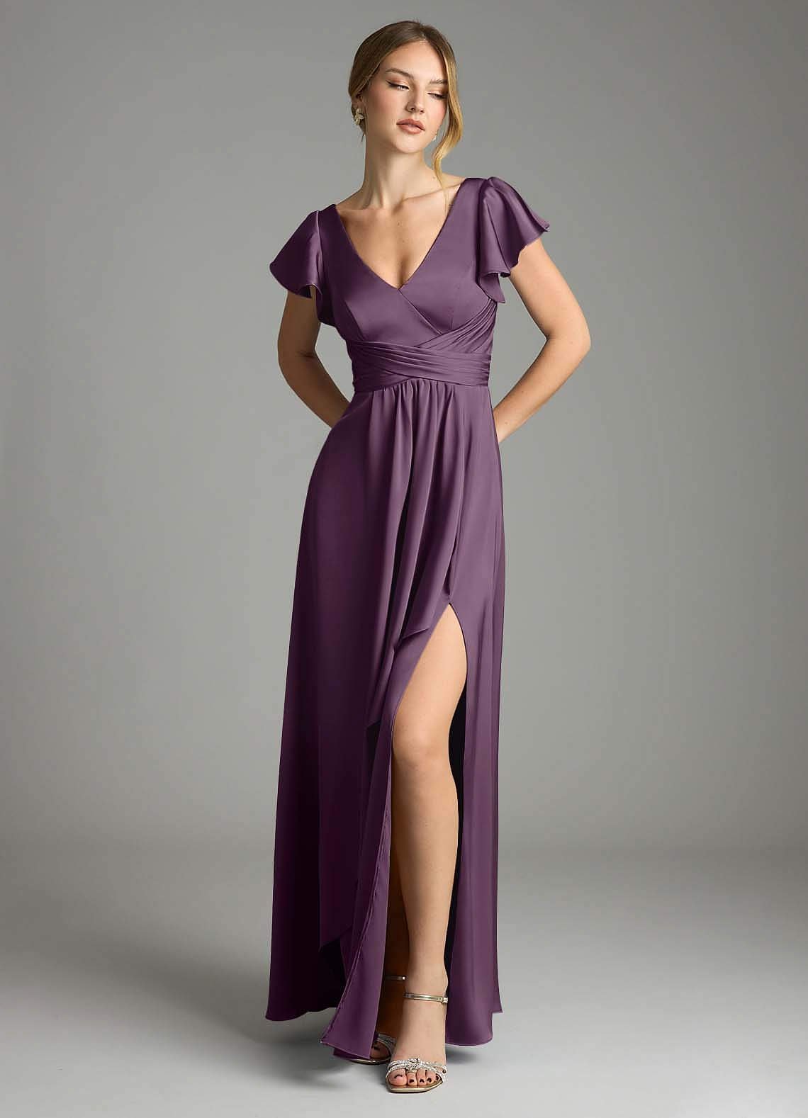 Omari A-Line V-Neck Stretch Satin Bridesmaid Dress in Plum