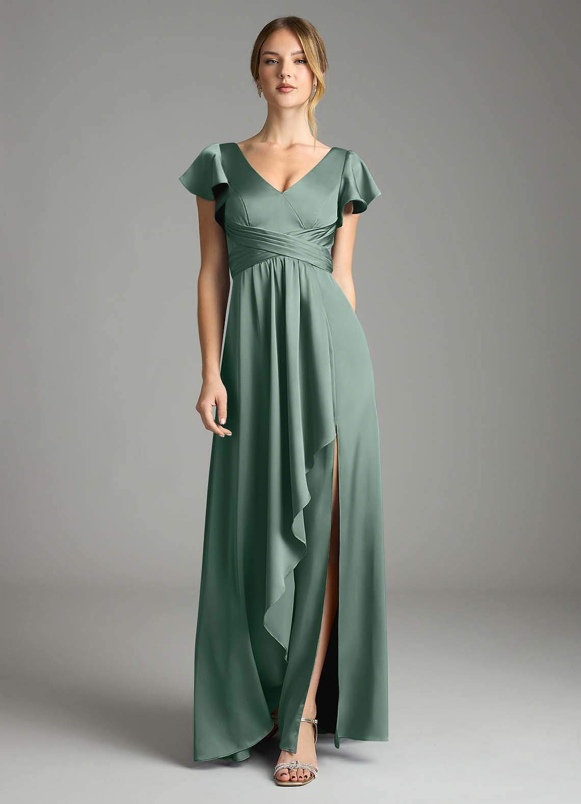 Omari A-Line V-Neck Stretch Satin Bridesmaid Dress in Eucalyptus