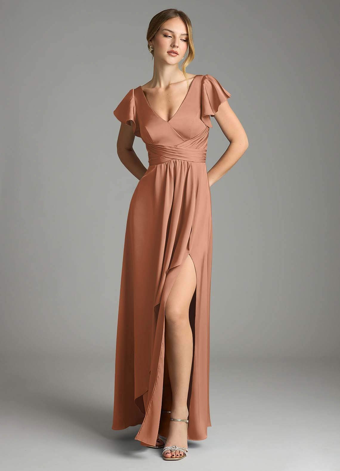 Omari A-Line V-Neck Stretch Satin Bridesmaid Dress in Bronzer
