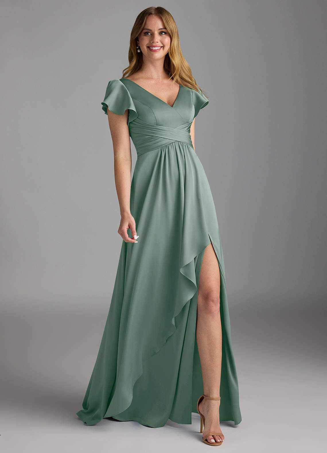 Omari A-Line V-Neck Stretch Satin Bridesmaid Dress in Silver Sage