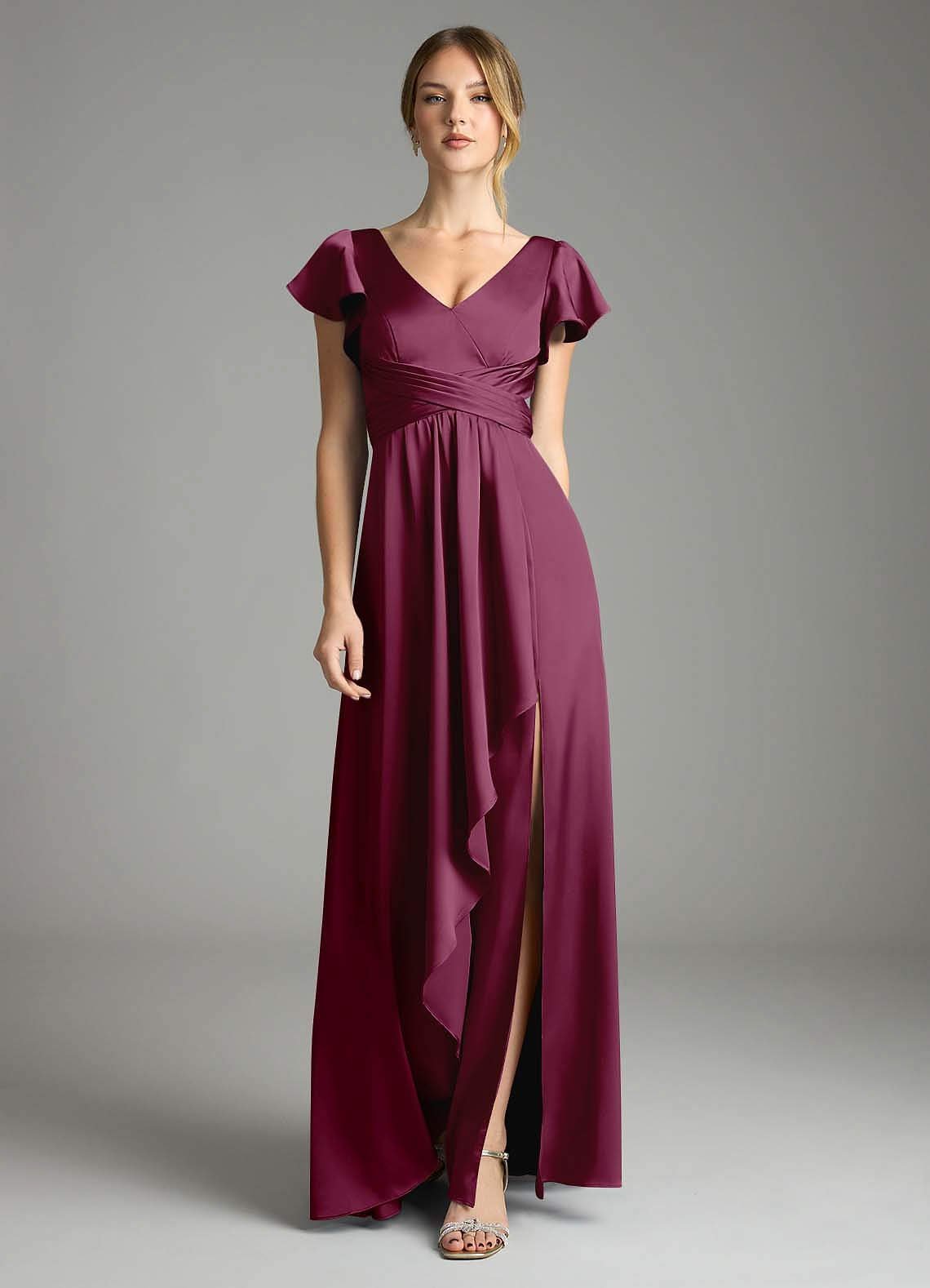 Omari A-Line V-Neck Stretch Satin Bridesmaid Dress in Mulberry