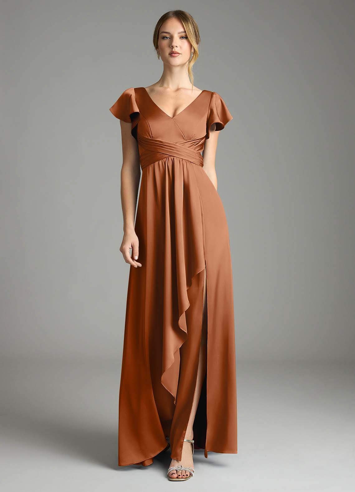 Omari A-Line V-Neck Stretch Satin Bridesmaid Dress in Copper