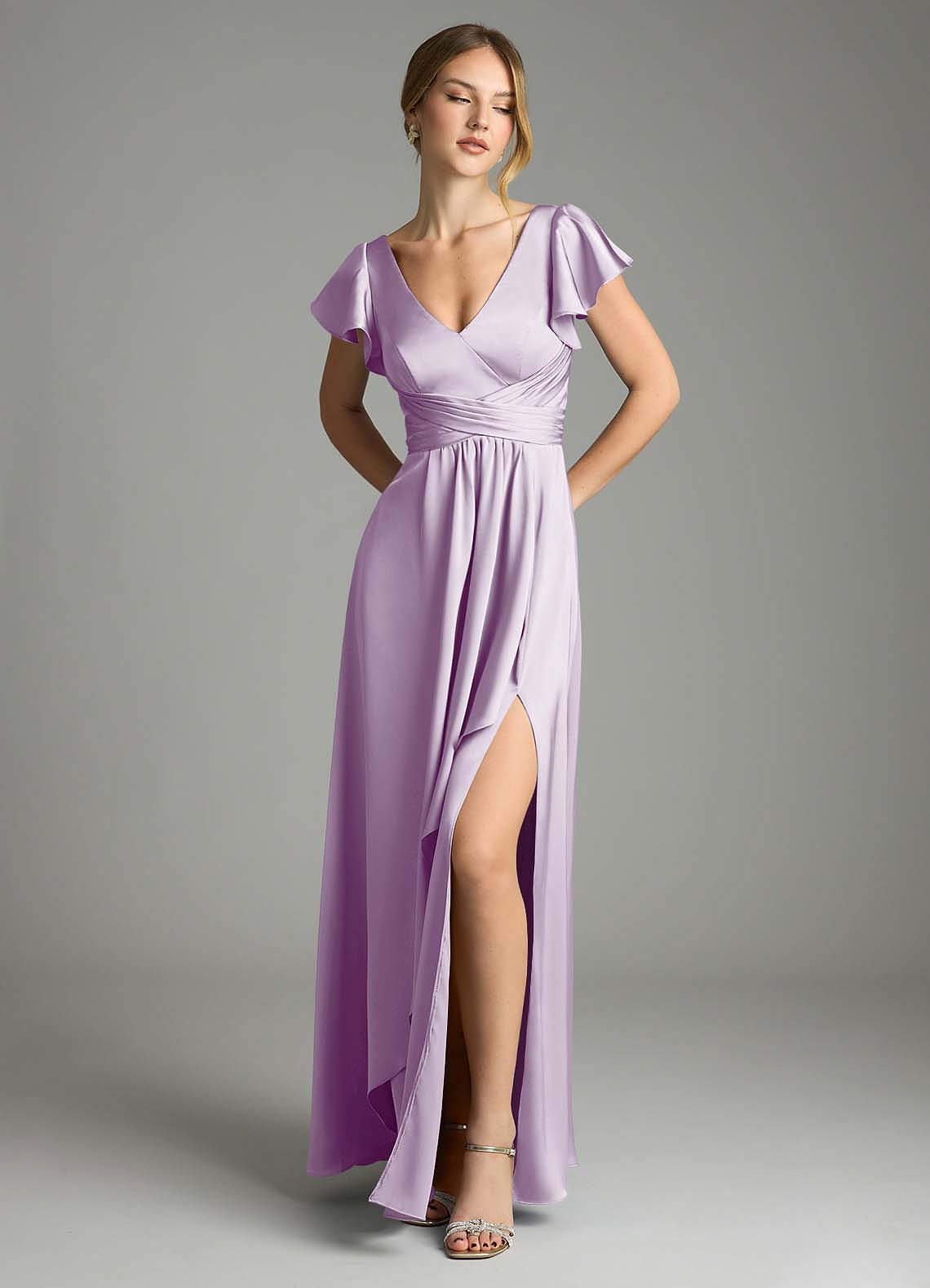 Omari A-Line V-Neck Stretch Satin Bridesmaid Dress in Frosted Lilac