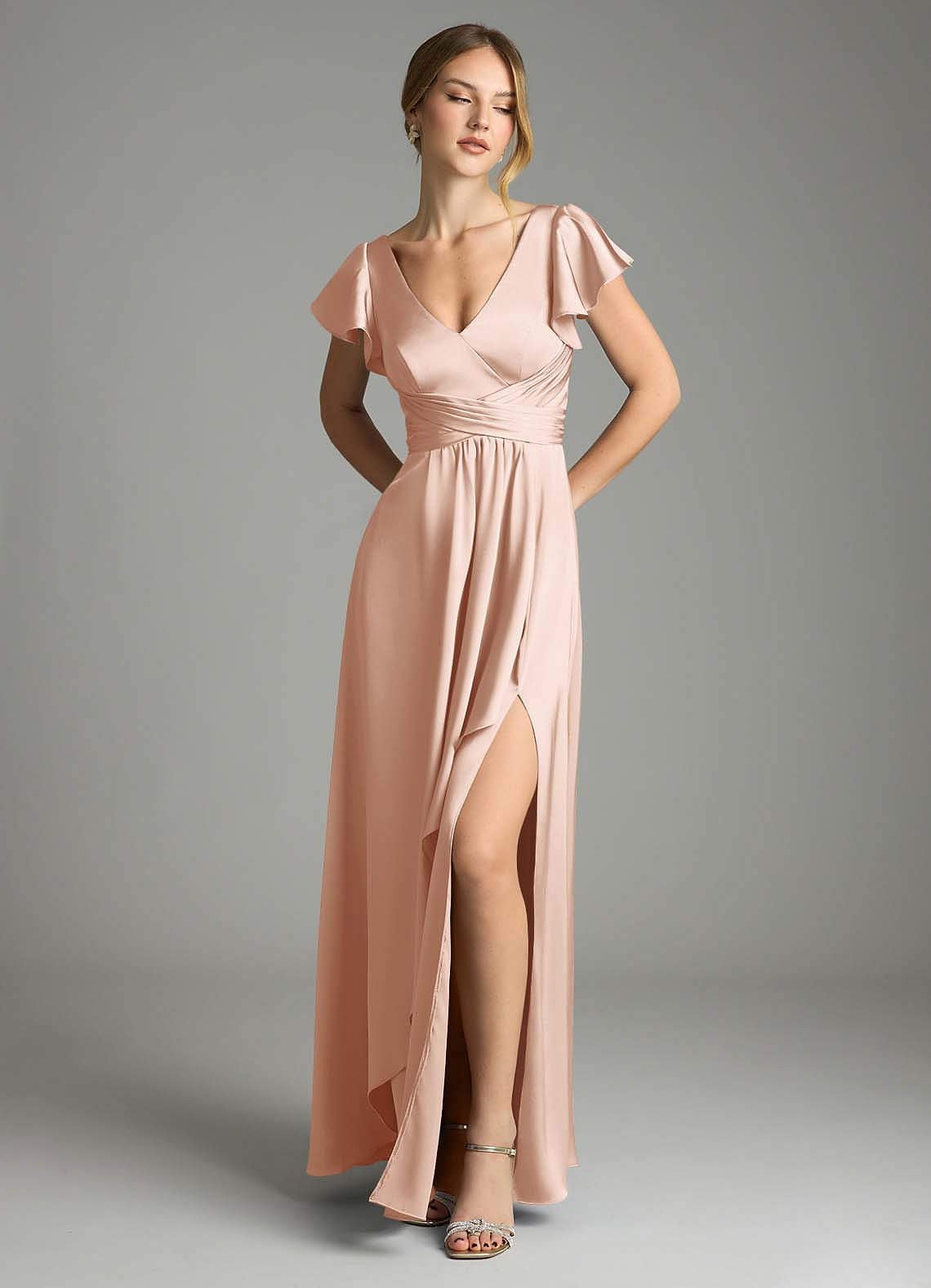 Omari A-Line V-Neck Stretch Satin Bridesmaid Dress in rose gold