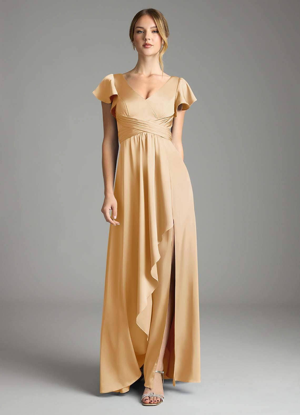 Omari A-Line V-Neck Stretch Satin Bridesmaid Dress in Gold