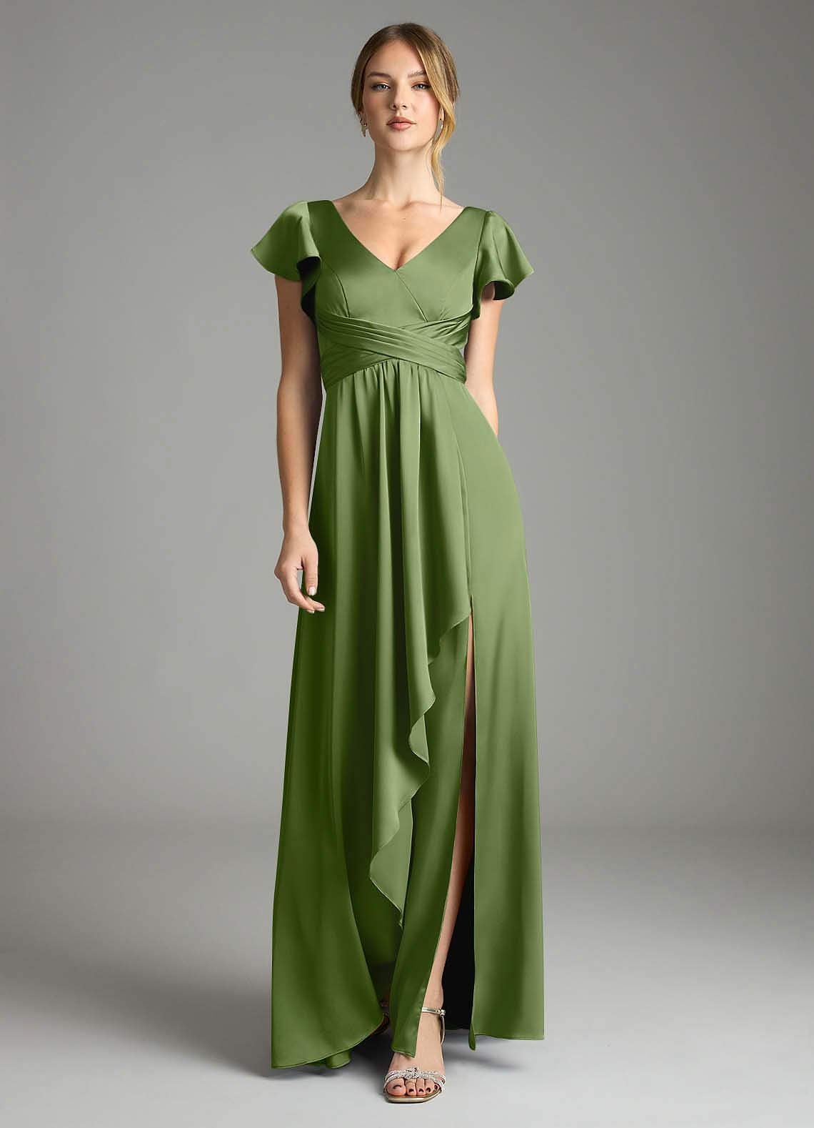 Omari A-Line V-Neck Stretch Satin Bridesmaid Dress in Juniper