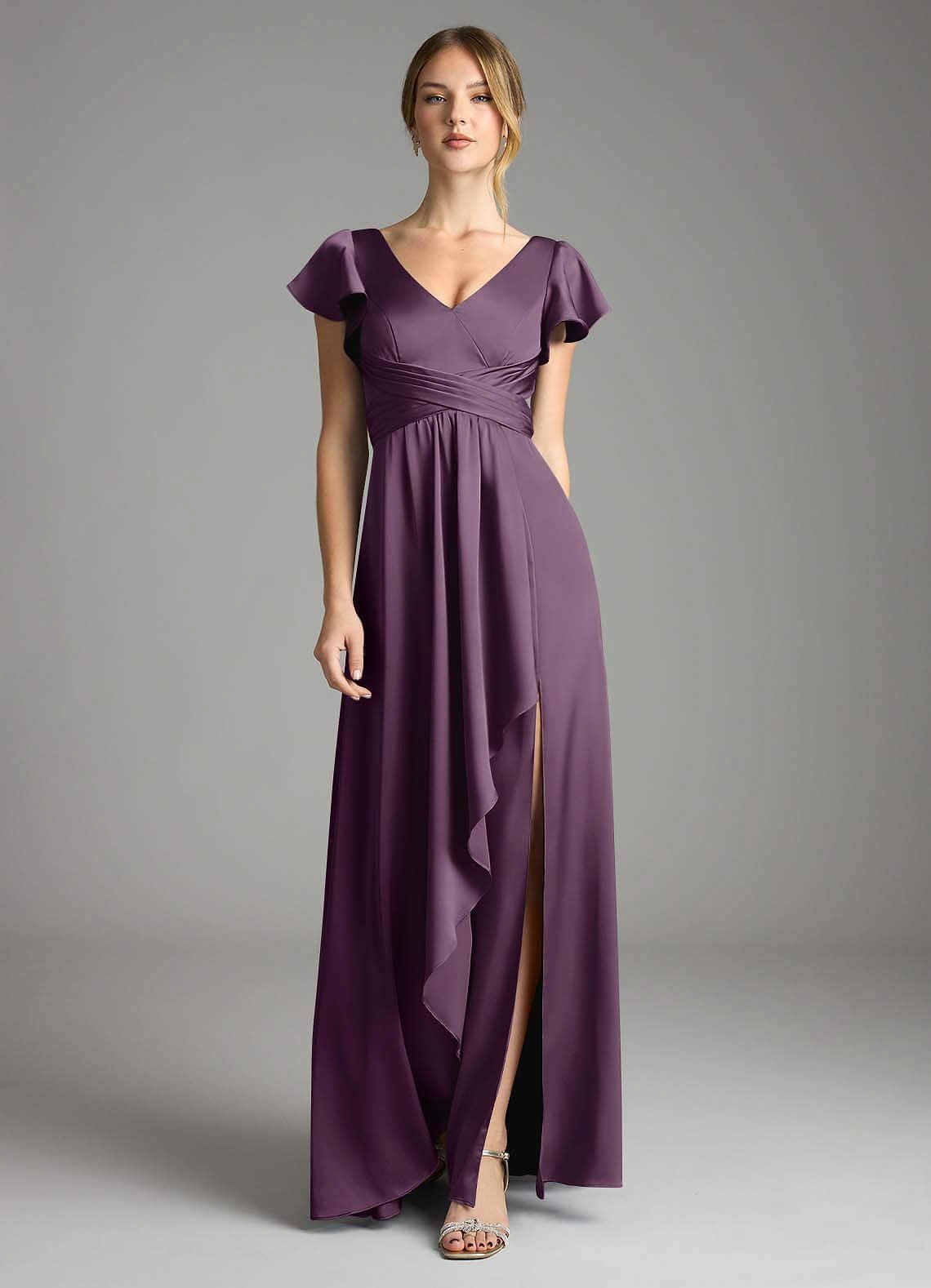 Omari A-Line V-Neck Stretch Satin Bridesmaid Dress in Plum