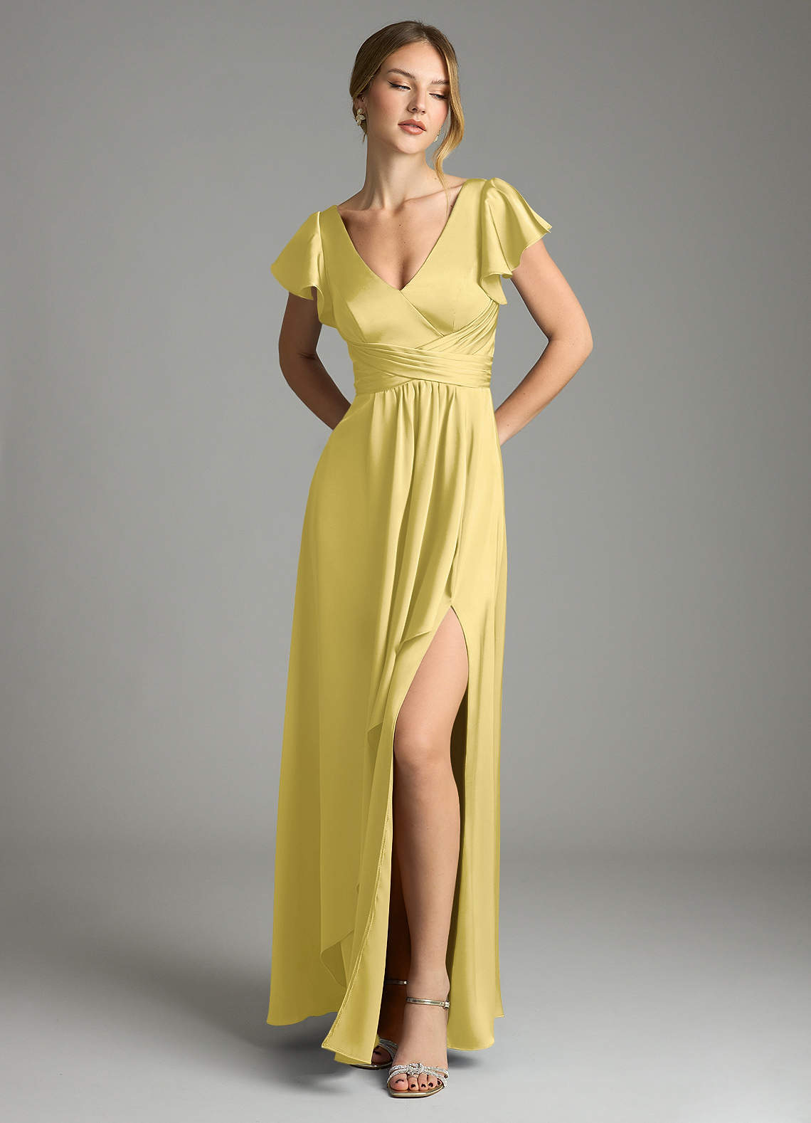 Omari A-Line V-Neck Stretch Satin Bridesmaid Dress in Canary