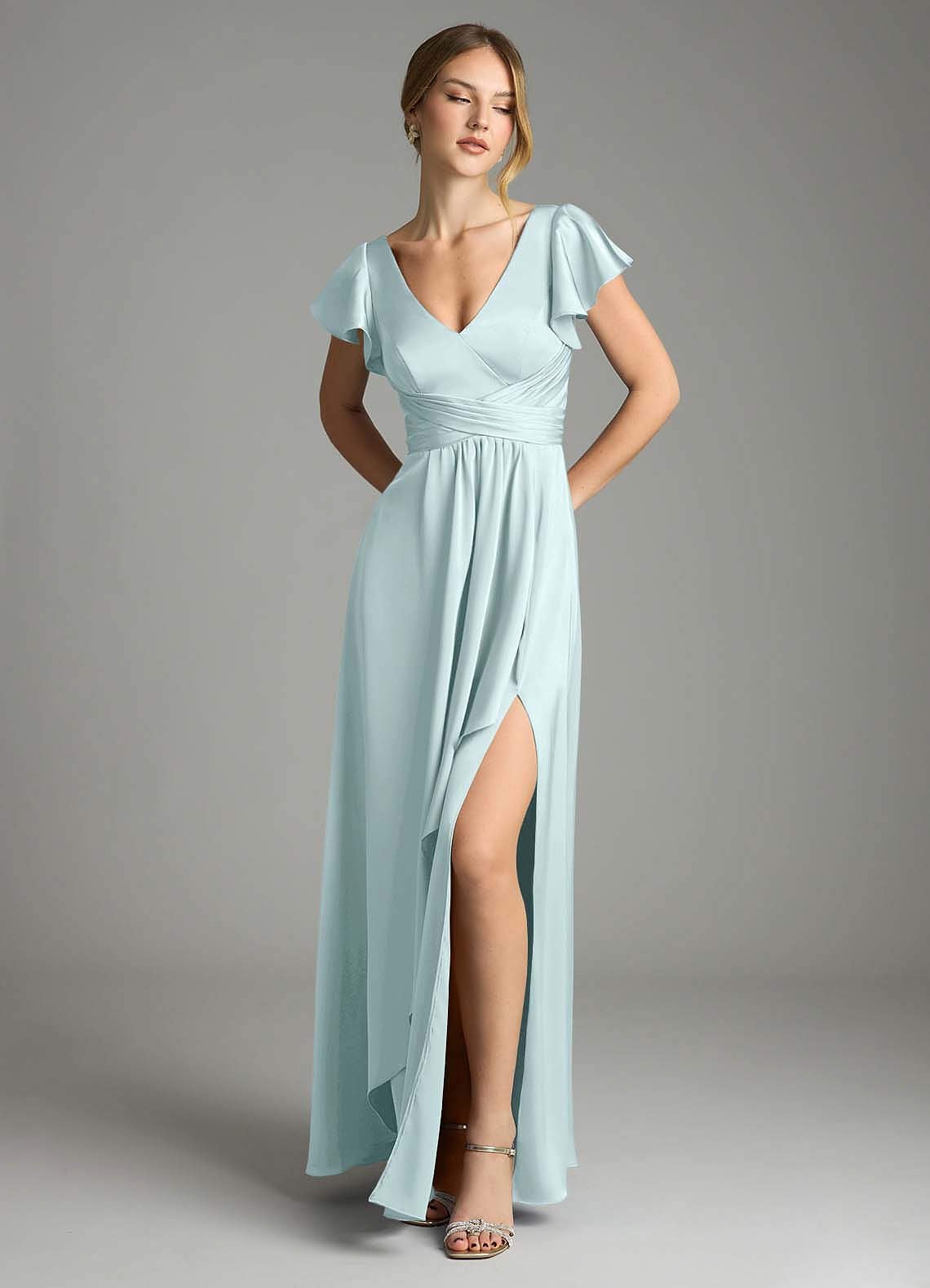 Omari A-Line V-Neck Stretch Satin Bridesmaid Dress in Sea Glass
