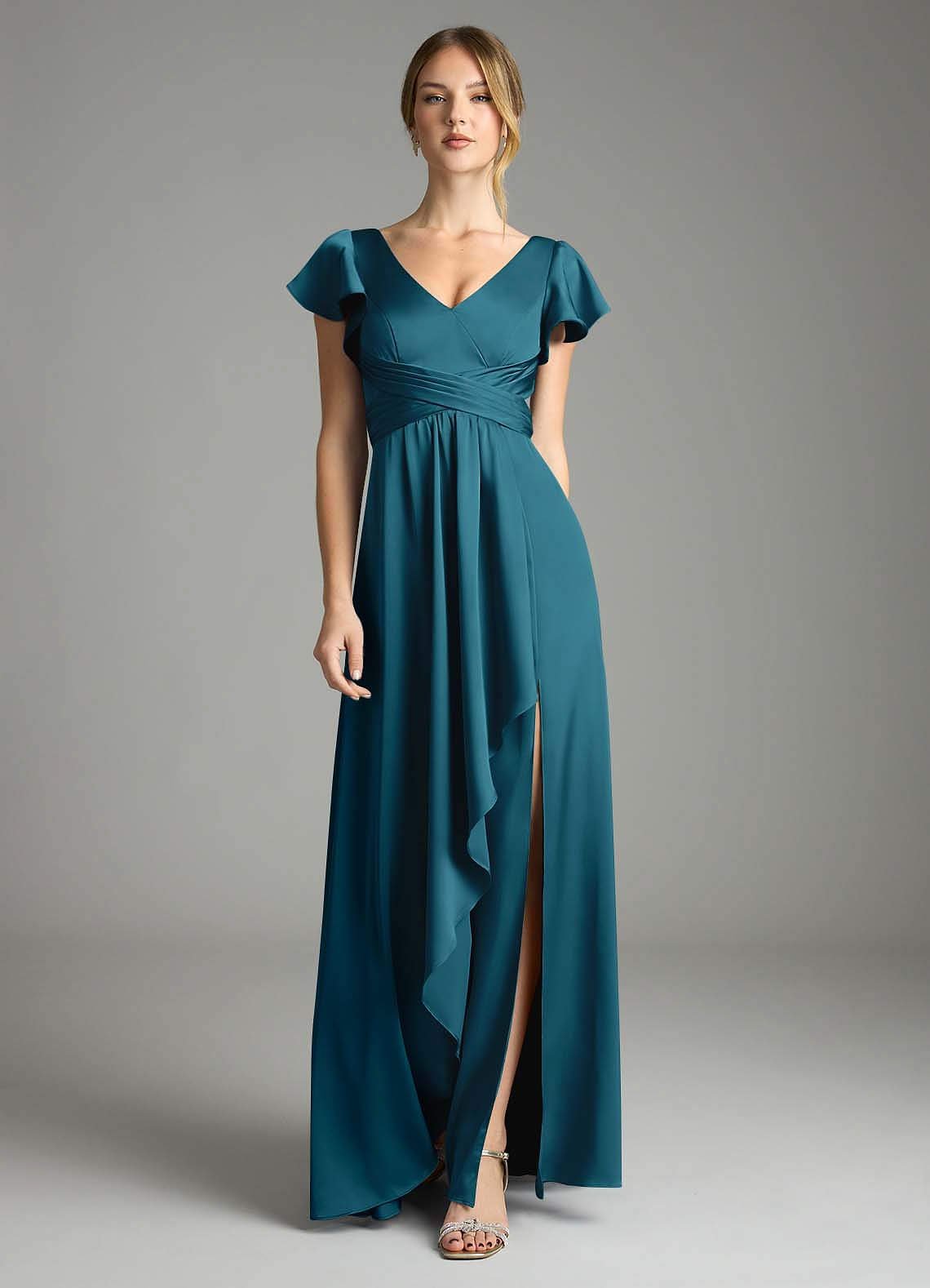 Omari A-Line V-Neck Stretch Satin Bridesmaid Dress in Ink Blue