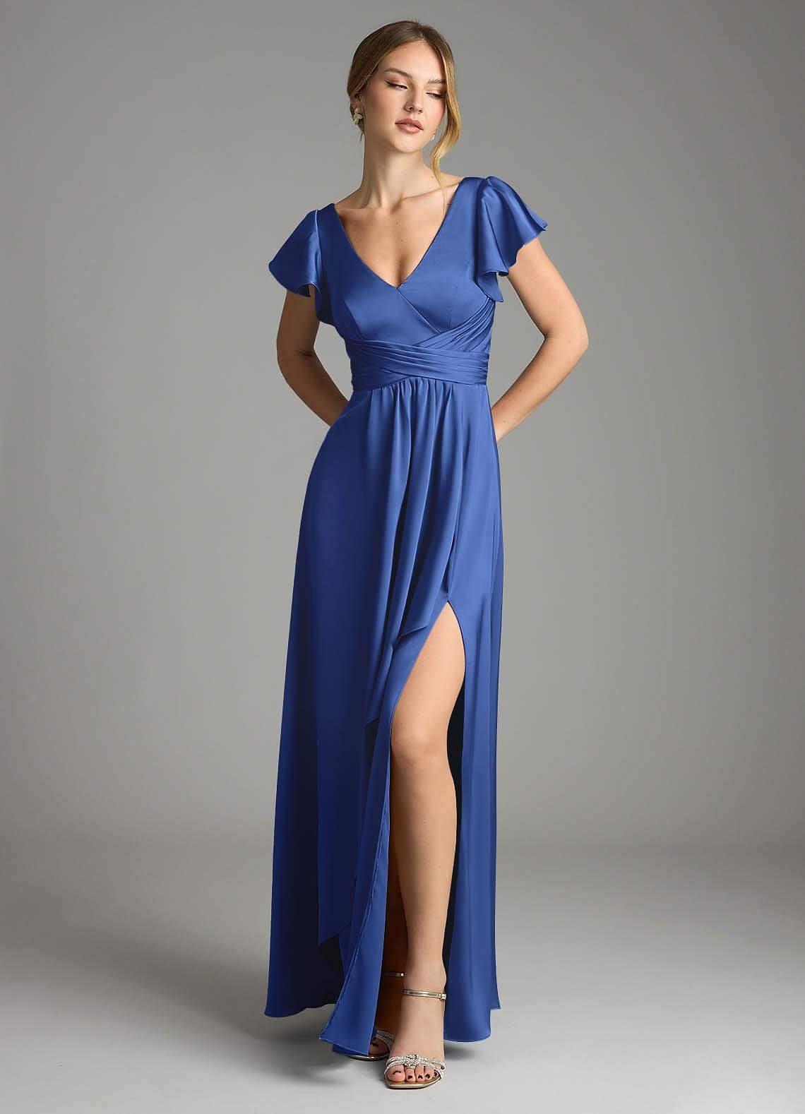 Omari A-Line V-Neck Stretch Satin Bridesmaid Dress in Royal Blue