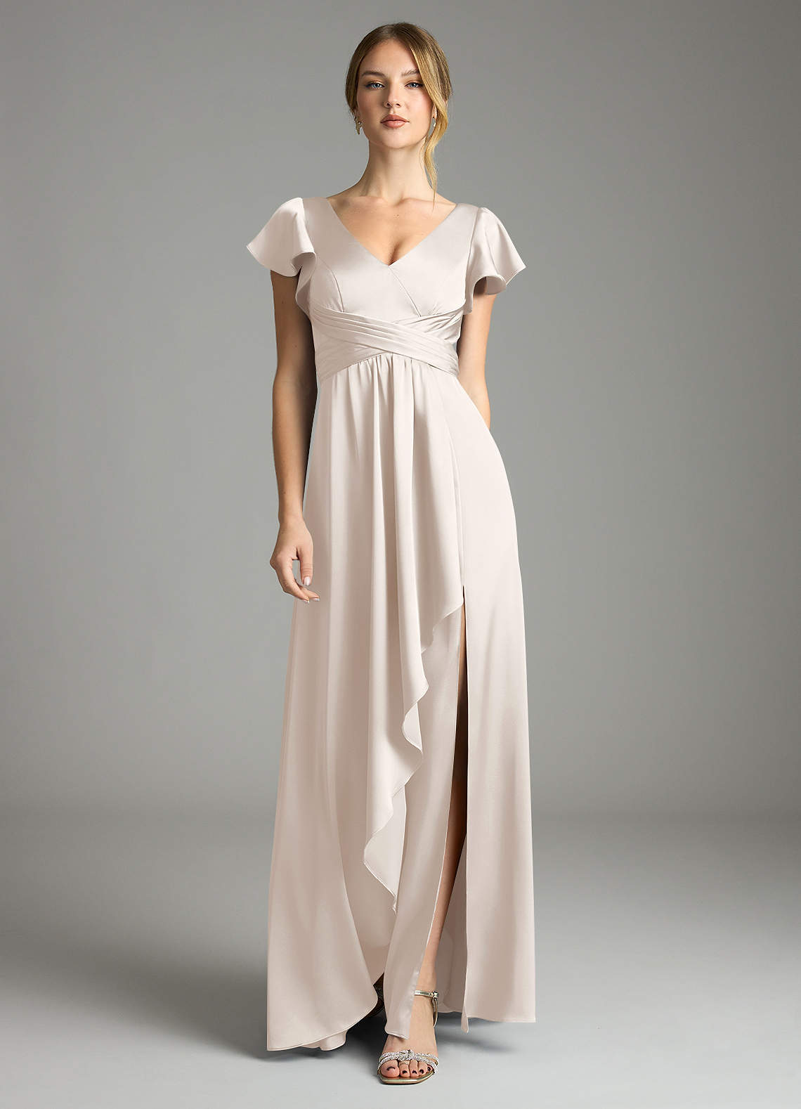 Omari A-Line V-Neck Stretch Satin Bridesmaid Dress in White Alabaster