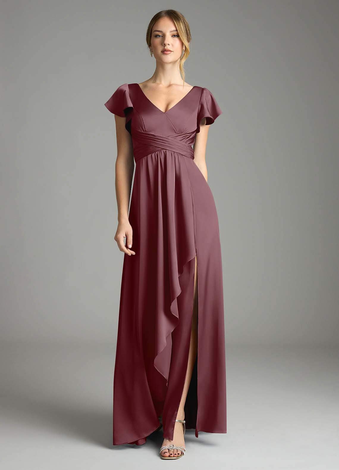 Omari A-Line V-Neck Stretch Satin Bridesmaid Dress in Sangria