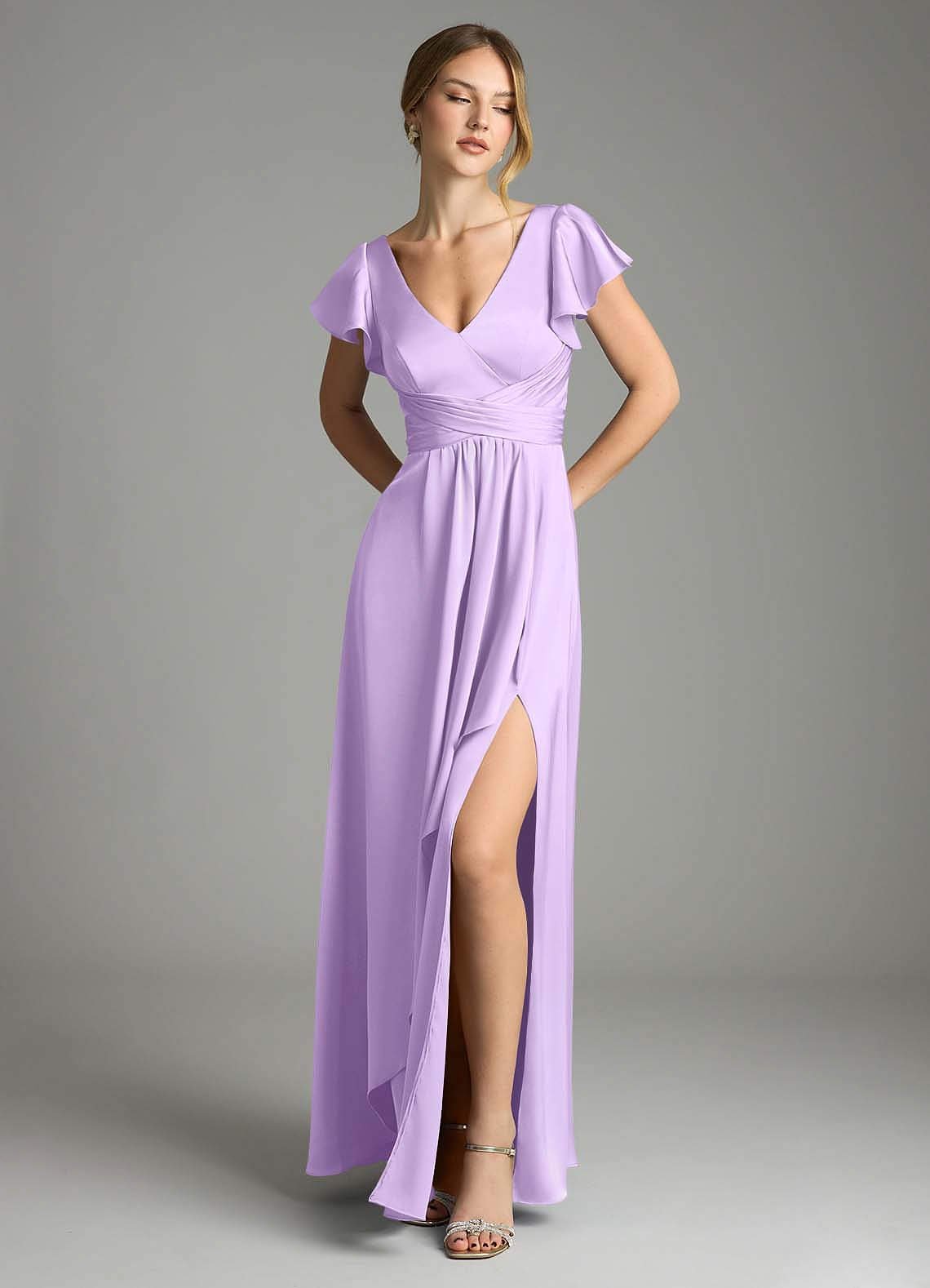 Omari A-Line V-Neck Stretch Satin Bridesmaid Dress in Lilac