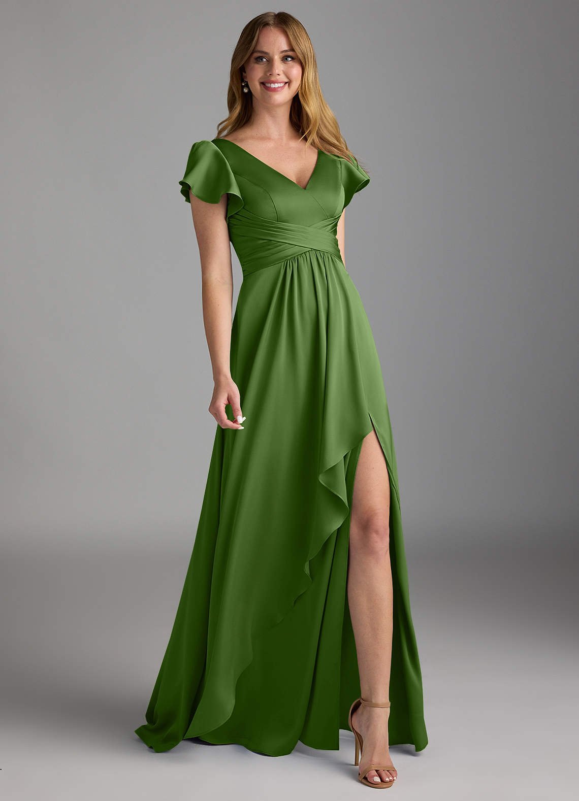 Omari A-Line V-Neck Stretch Satin Bridesmaid Dress in Basil