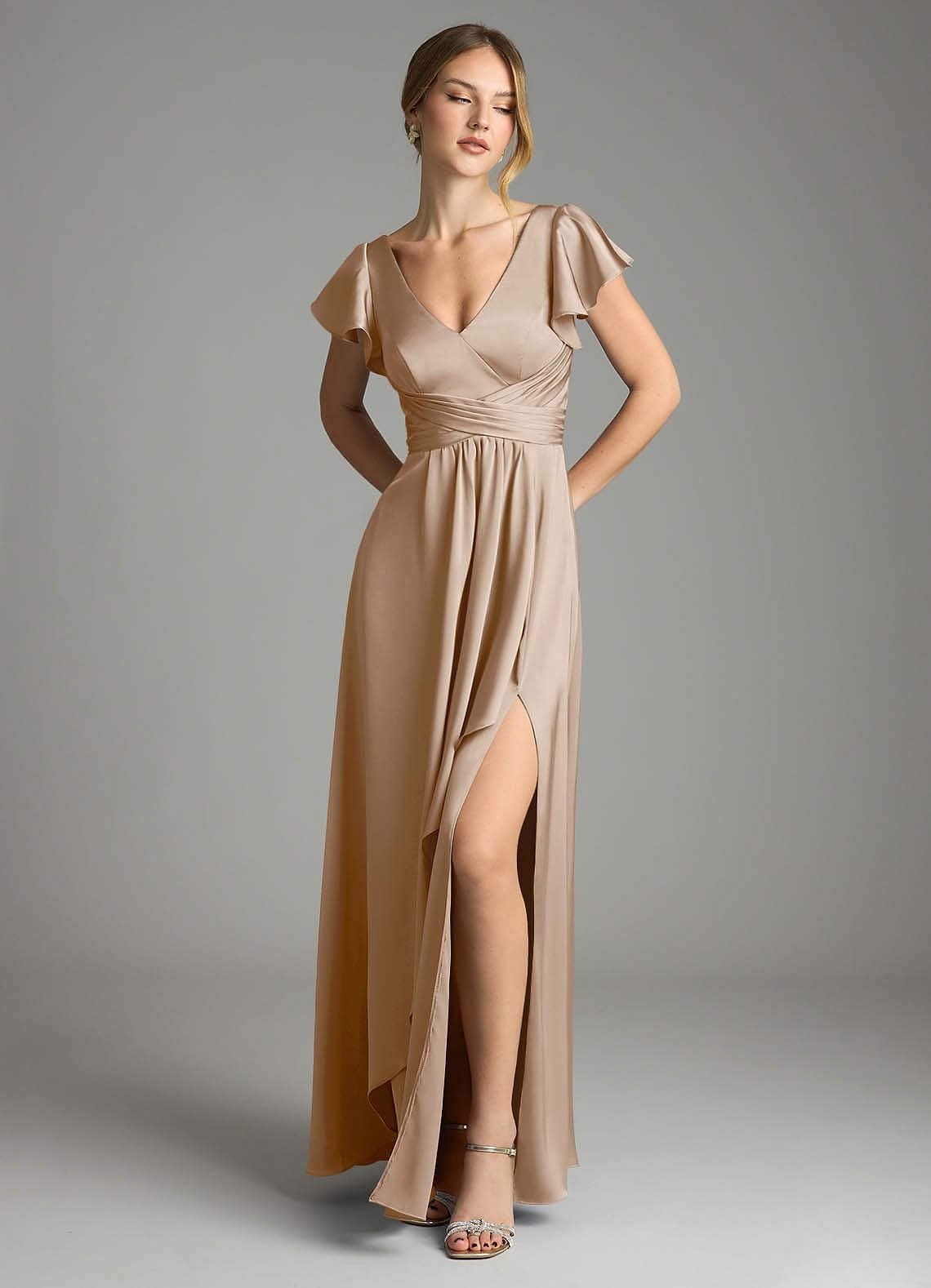 Omari A-Line V-Neck Stretch Satin Bridesmaid Dress in Taupe