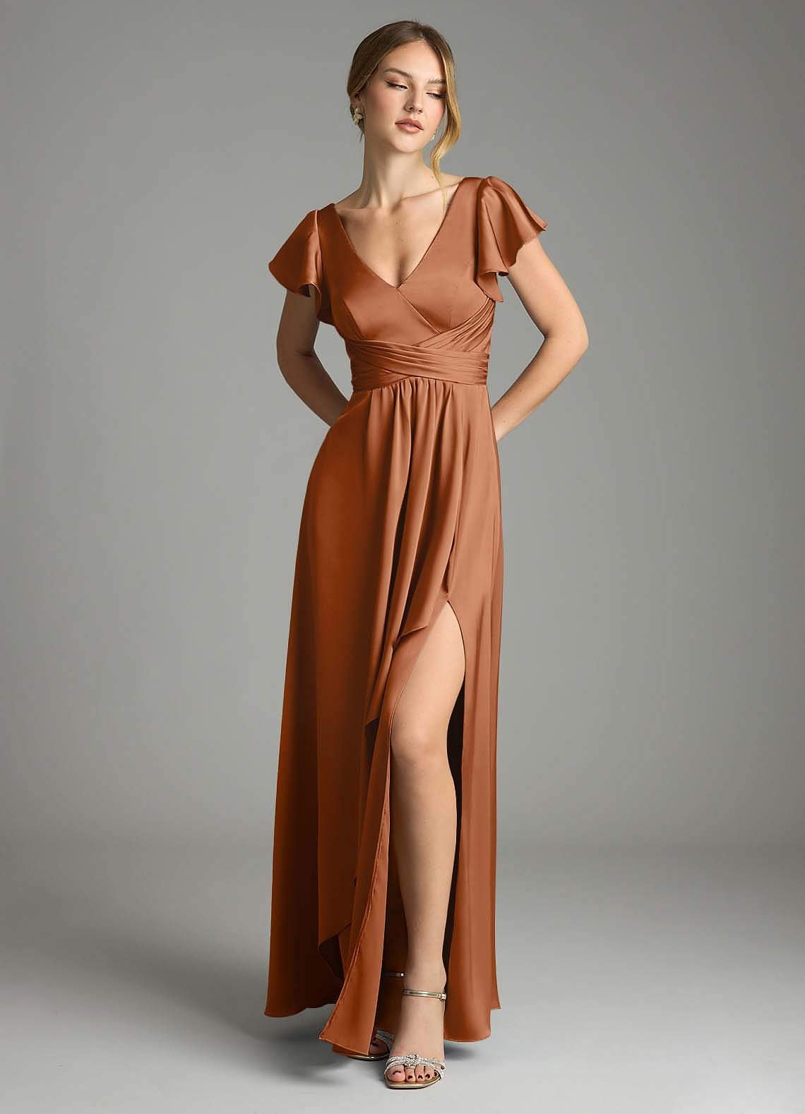 Omari A-Line V-Neck Stretch Satin Bridesmaid Dress in Copper