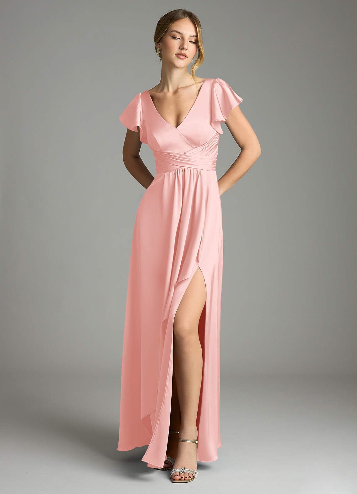 Omari A-Line V-Neck Stretch Satin Bridesmaid Dress in Powder Pink